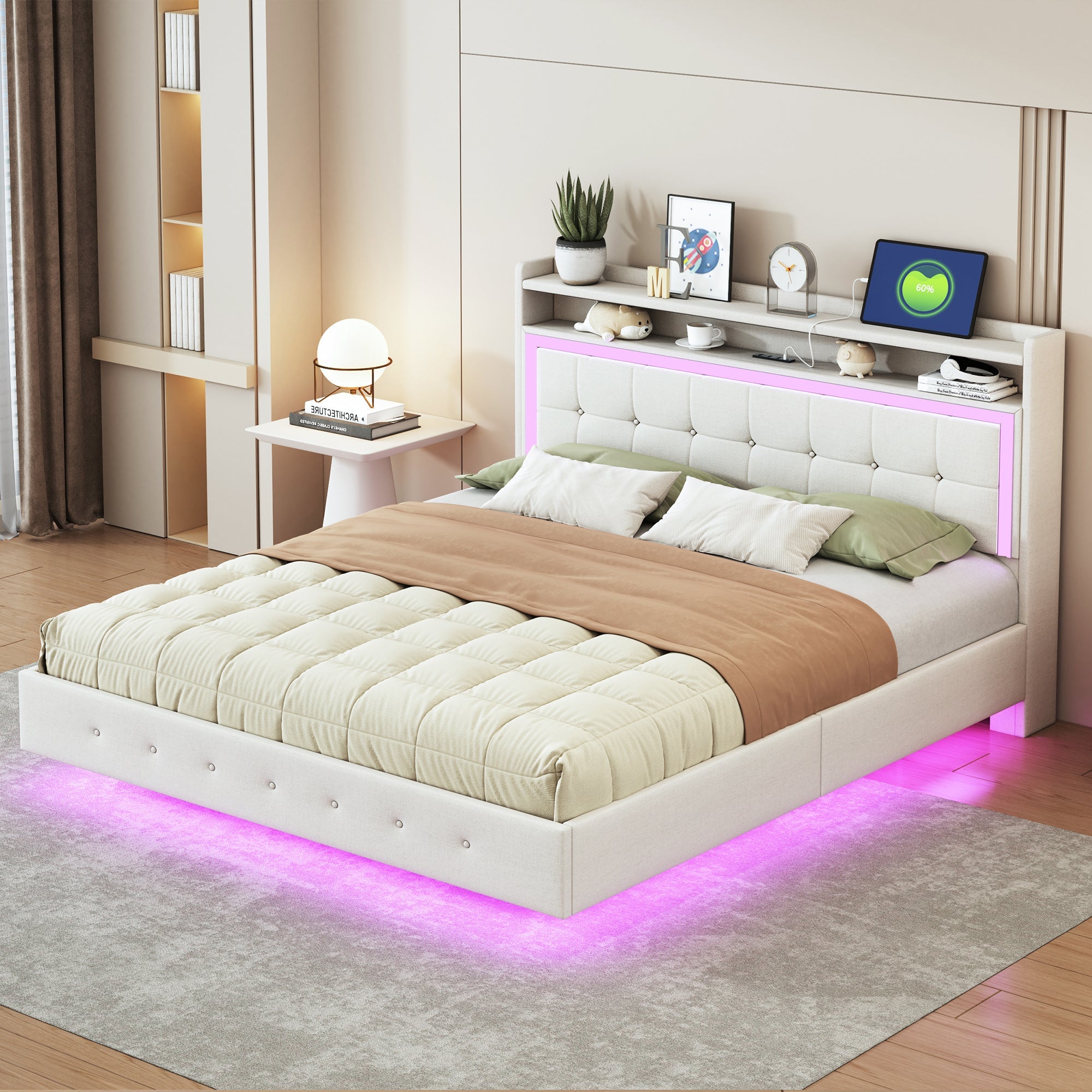 Logidon gestoffeerd bed 160x200 beige met USB-aansluiting en LED-verlichting