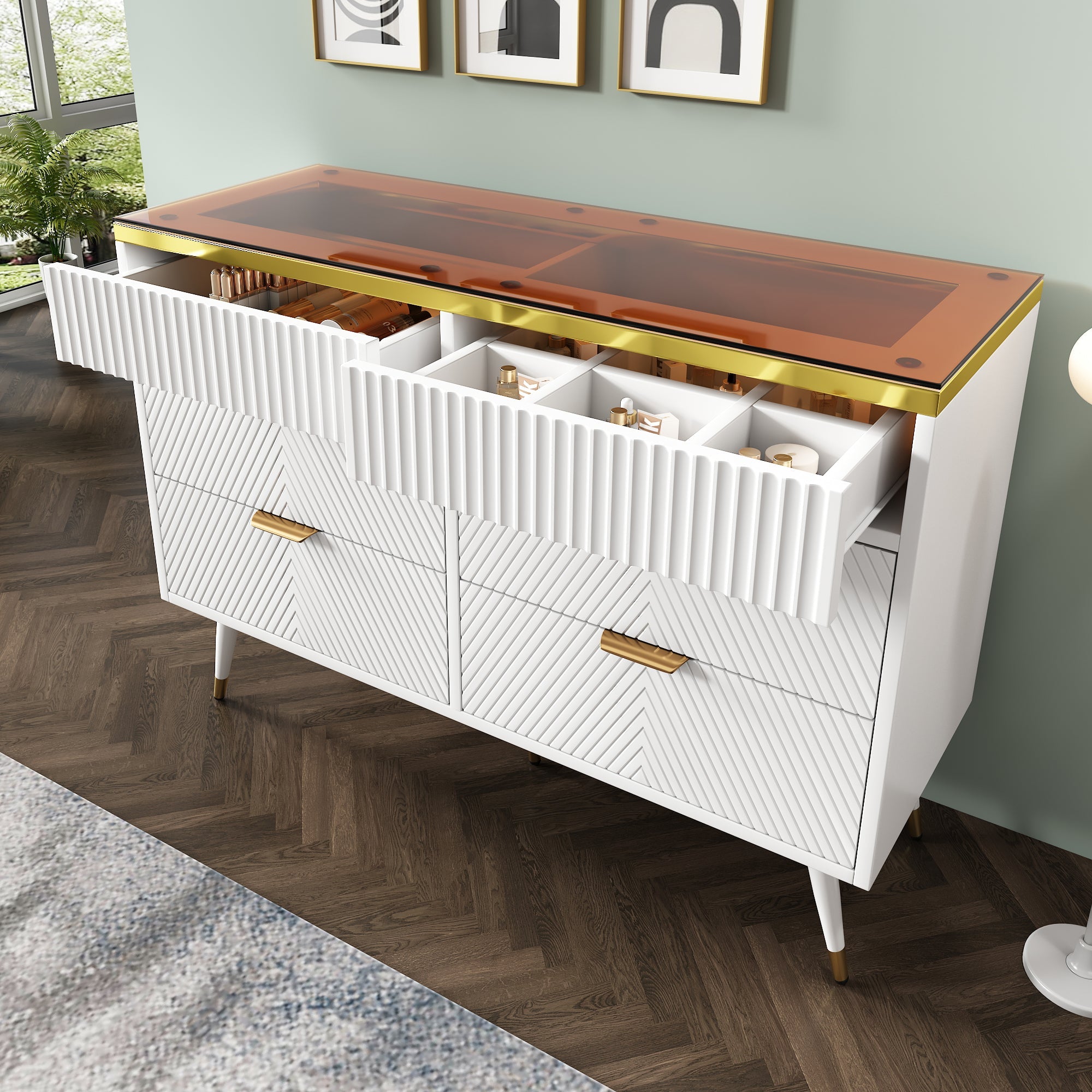 Logidon ladekast amber glazen dressoir 6 lades 120x40x76 wit