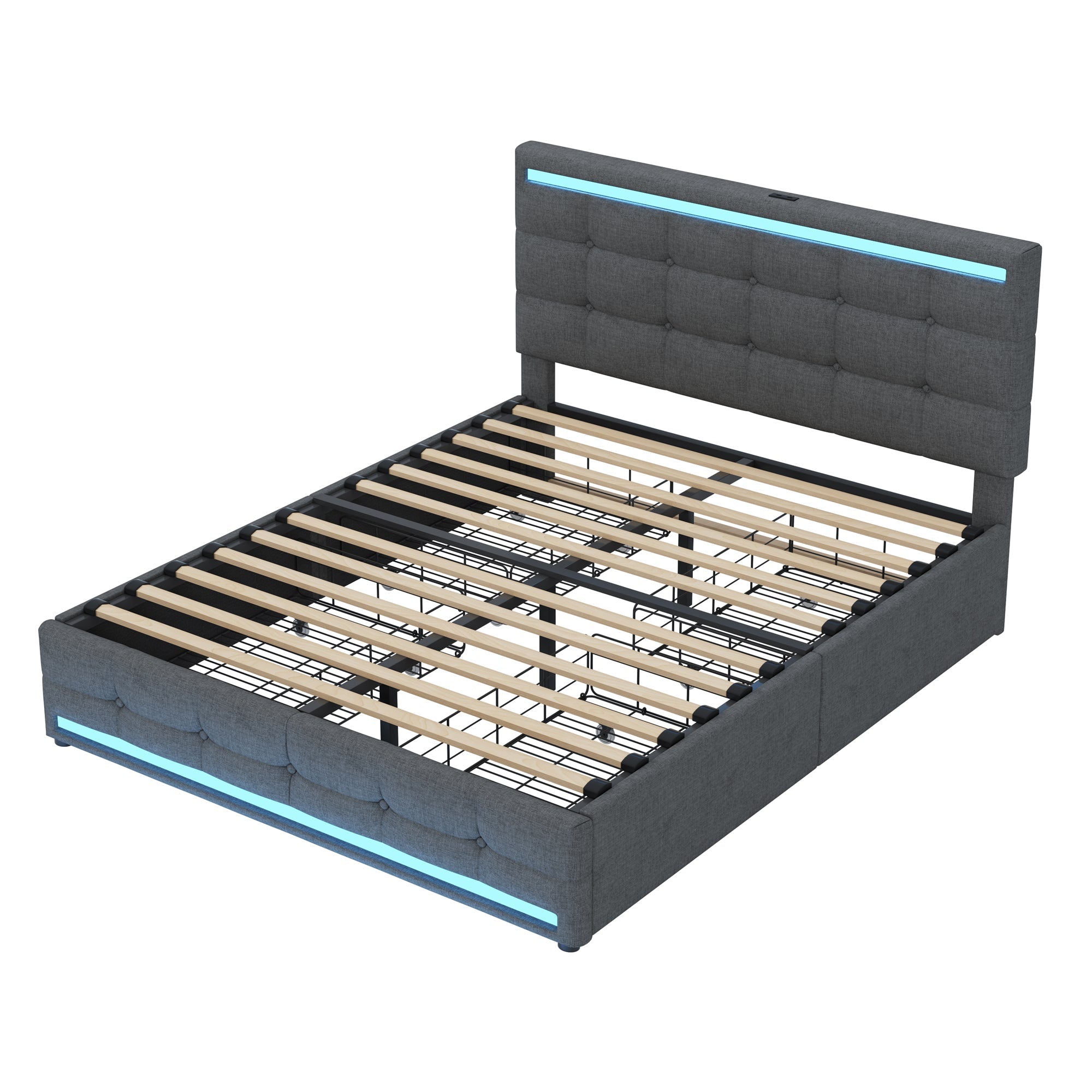 Logidon gestoffeerd bed 140x200 cm grijs LED opbergruimte USB 4 lades