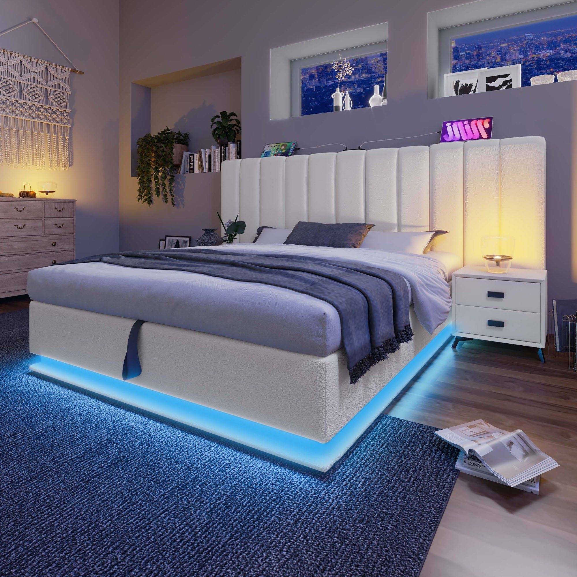 Logidon gestoffeerd bed 180x200 wit met app LED USB C oplaadfunctie