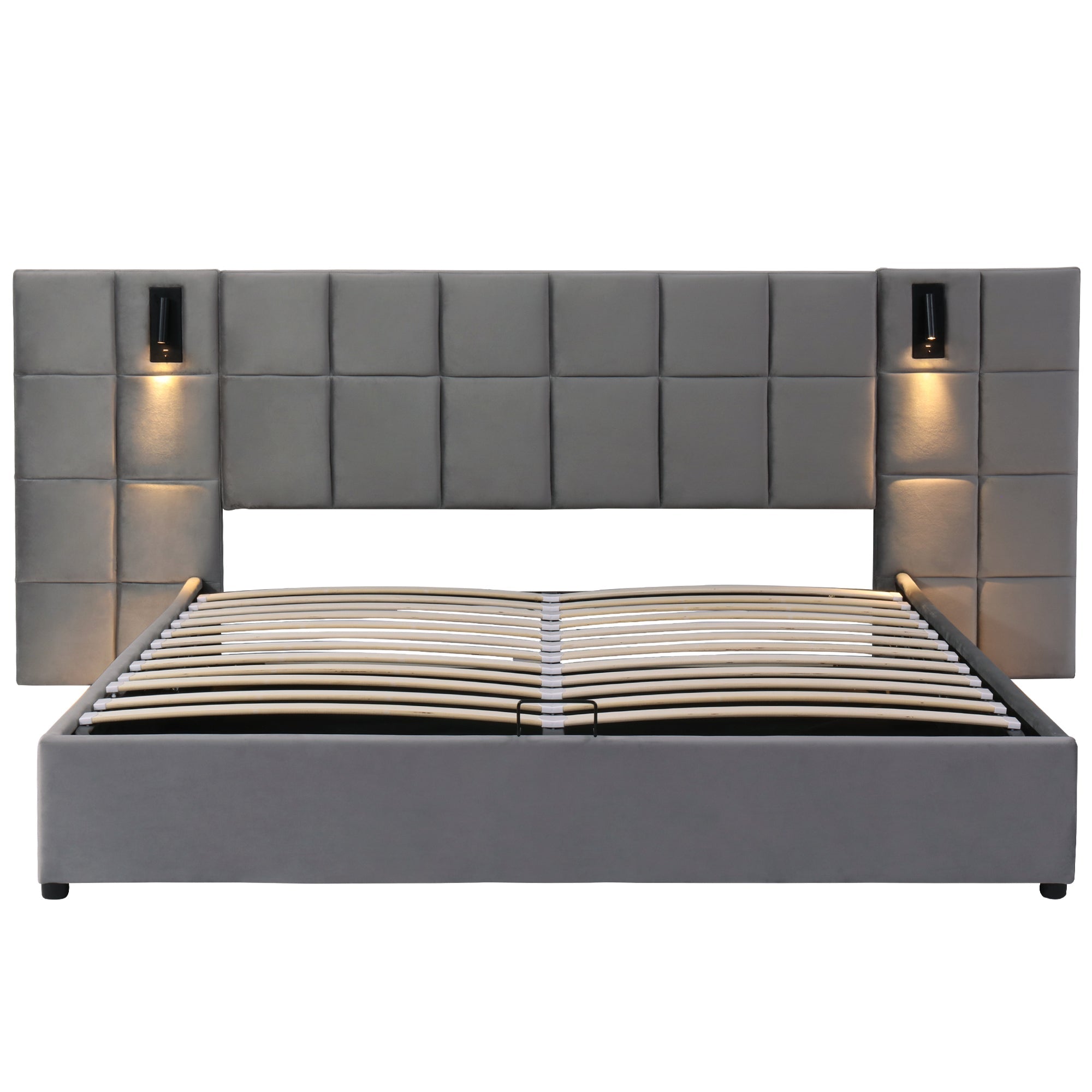 Logidon upholstered bed 160x200 cm gray velvet with storage space reading lamp USB