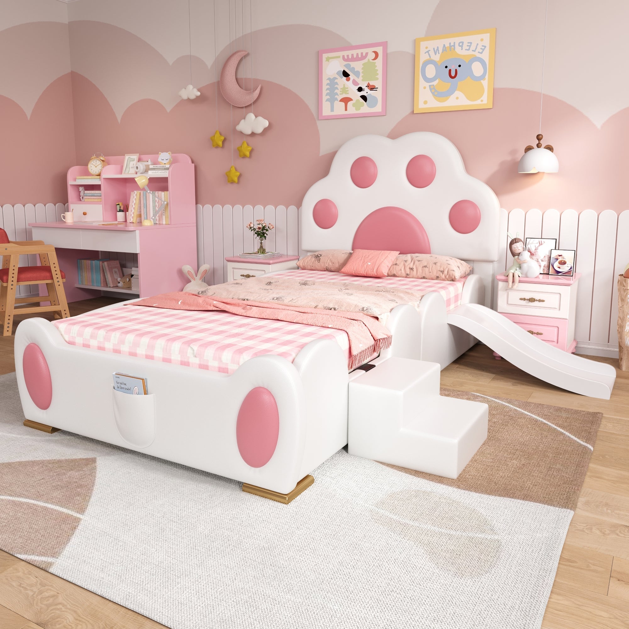 Logidon gestoffeerd bed 90x200 cm wit roze met kattenpoot hoofdeinde