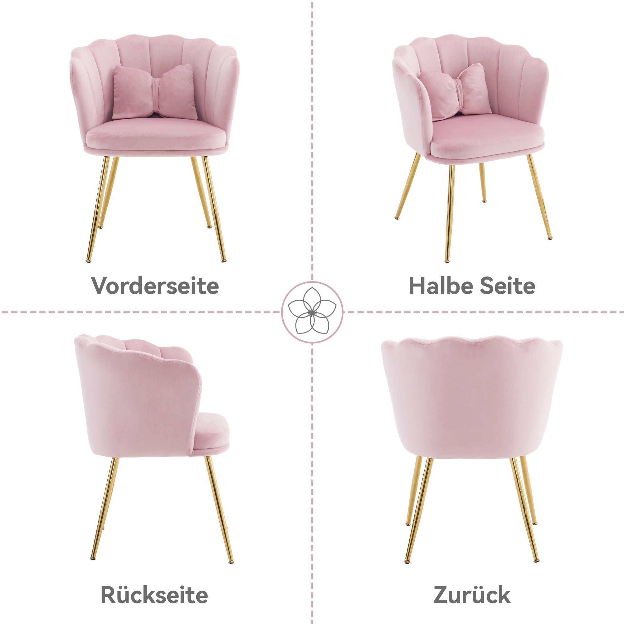 Logidon Set of 4 Pink Velvet Chairs with Petal Backs and Gold Legs