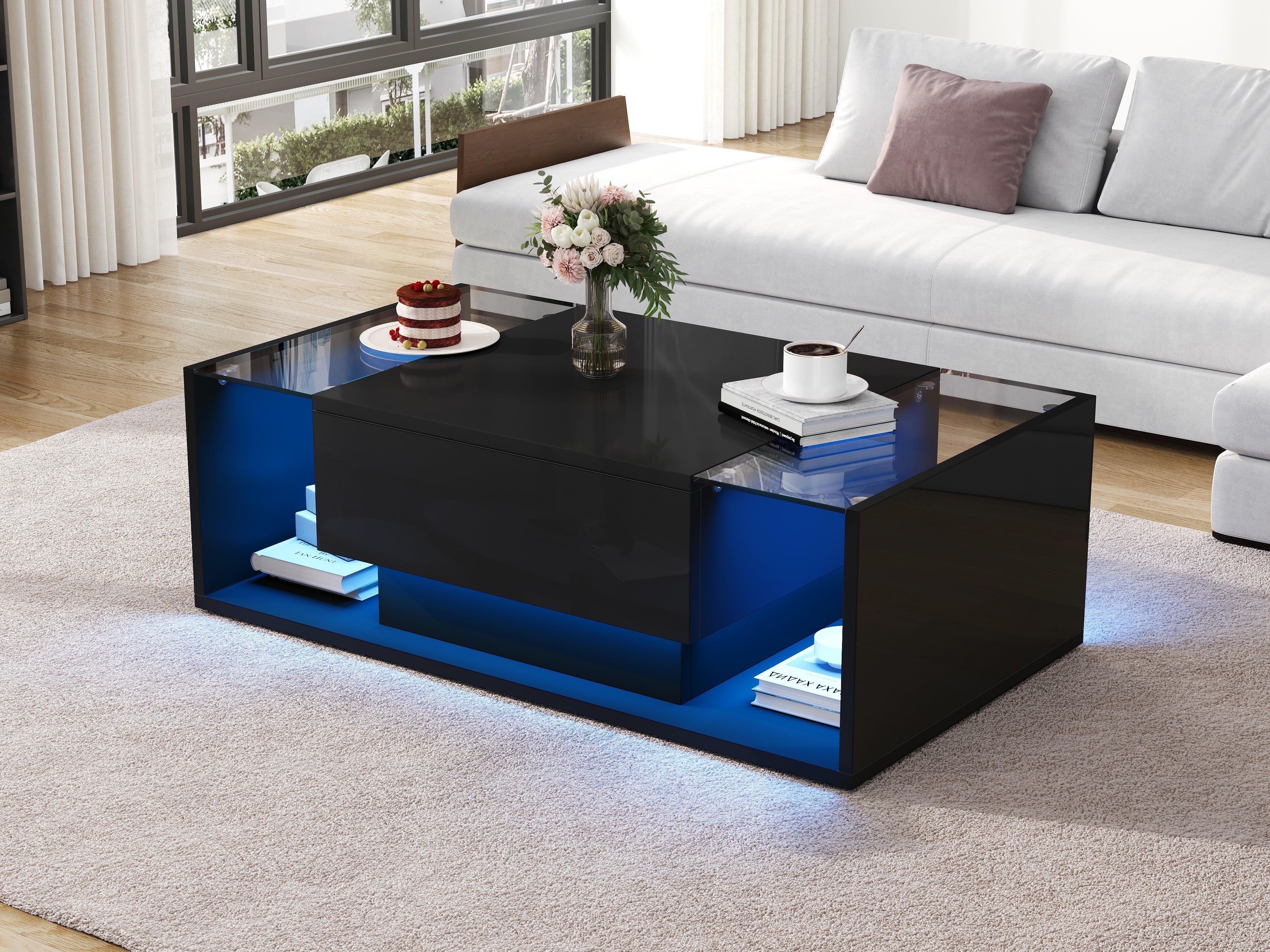 Logidon Zwarte hoogglans salontafel 100x50x31 cm met lade LED lichtstrip