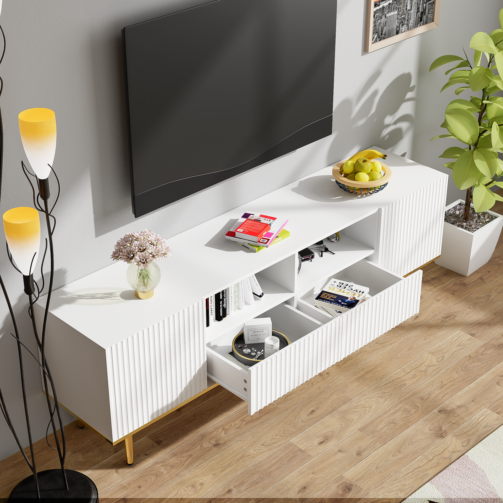 Logidon Modern tv-meubel wit met gouden poten en gouden bies
