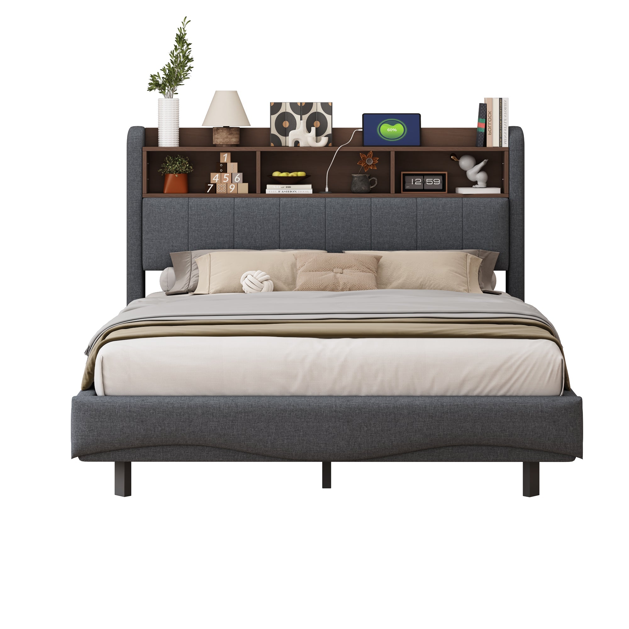 Logidon upholstered bed 140x200 gray with LED light USB storage space
