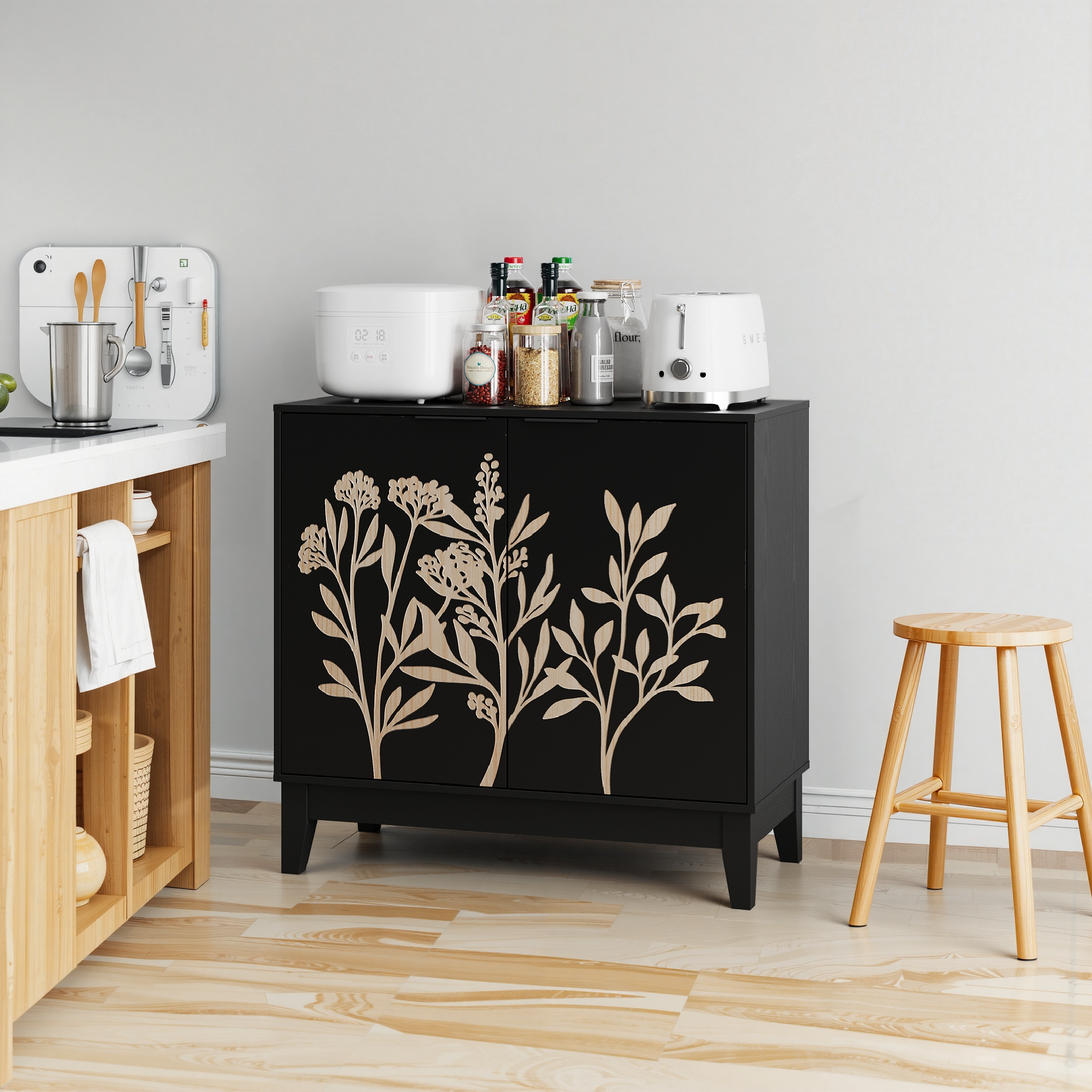 Logidon 80 cm Buffetschrank Schwarz Mit Schnitzwerk Und Verstellbaren Regalen