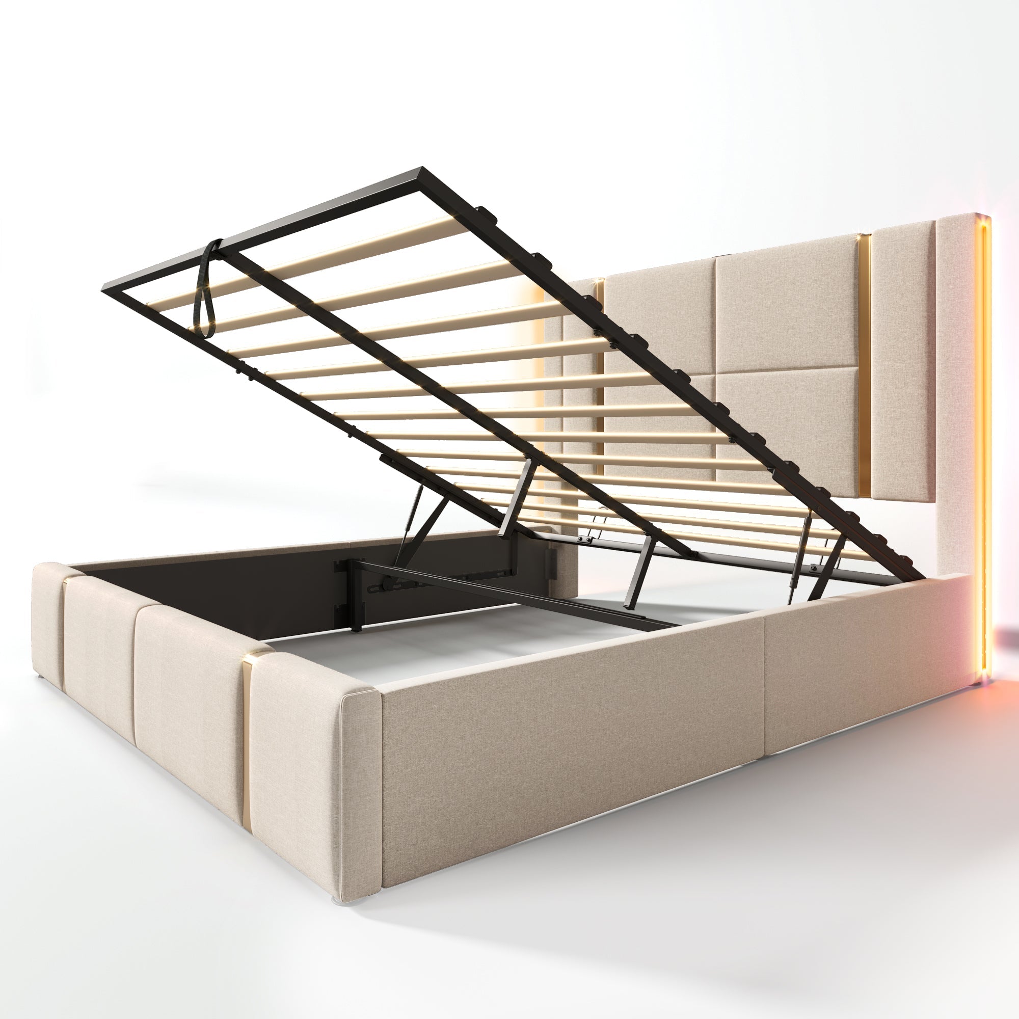 Logidon double bed 140x200 USB C charging function APP LED beige linen