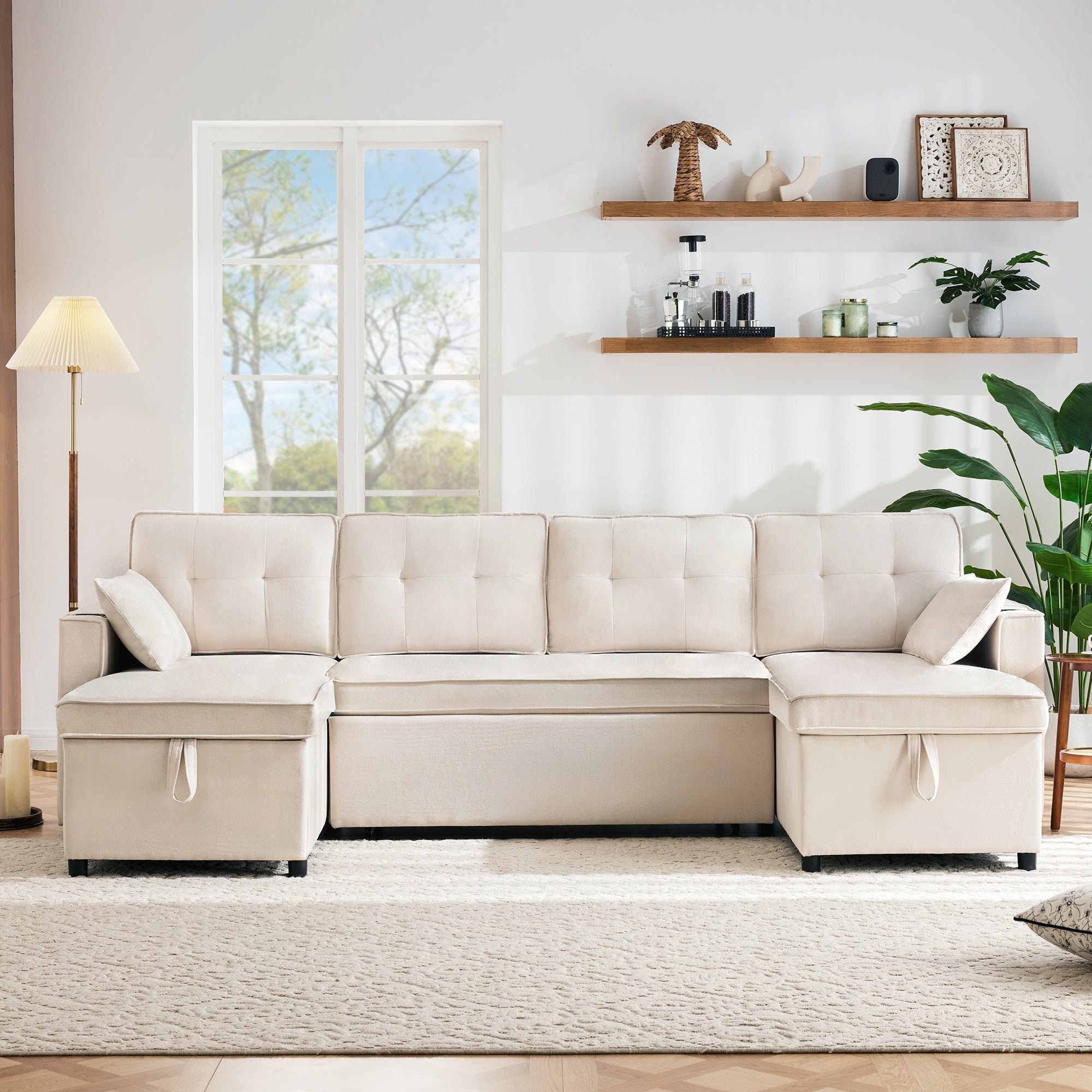 Logidon U-vormige slaapbank, beige stof, grote 4-zits bekerhouder