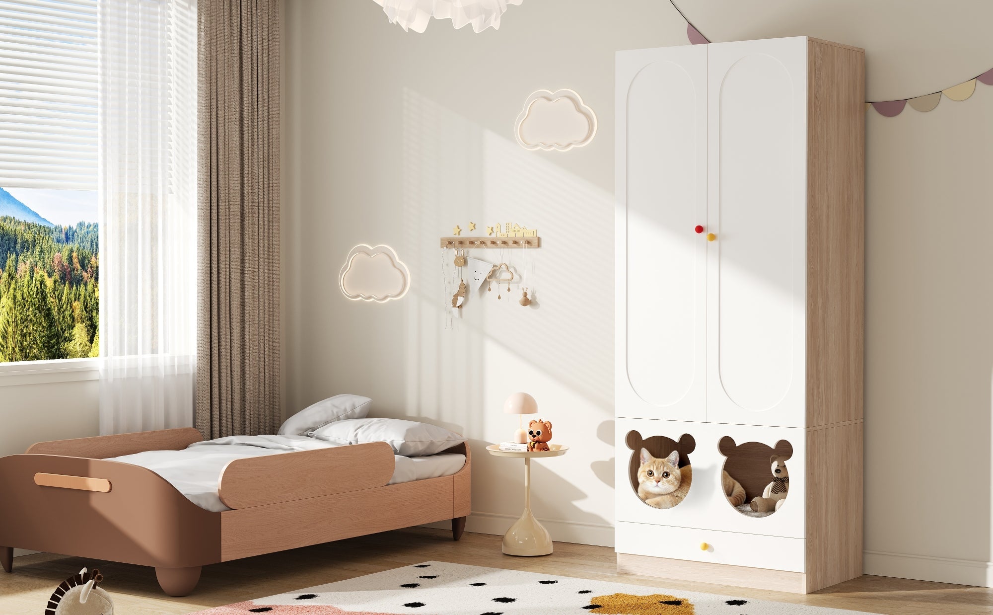 Logidon kinderkledingkast wit naturel hout met kattenmand 80x50x200cm