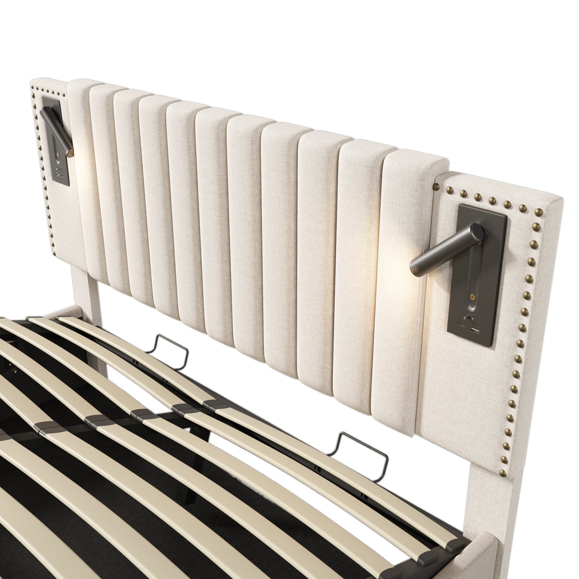 Logidon gestoffeerd bed 160x200 beige met opbergruimte en USB-leeslamp