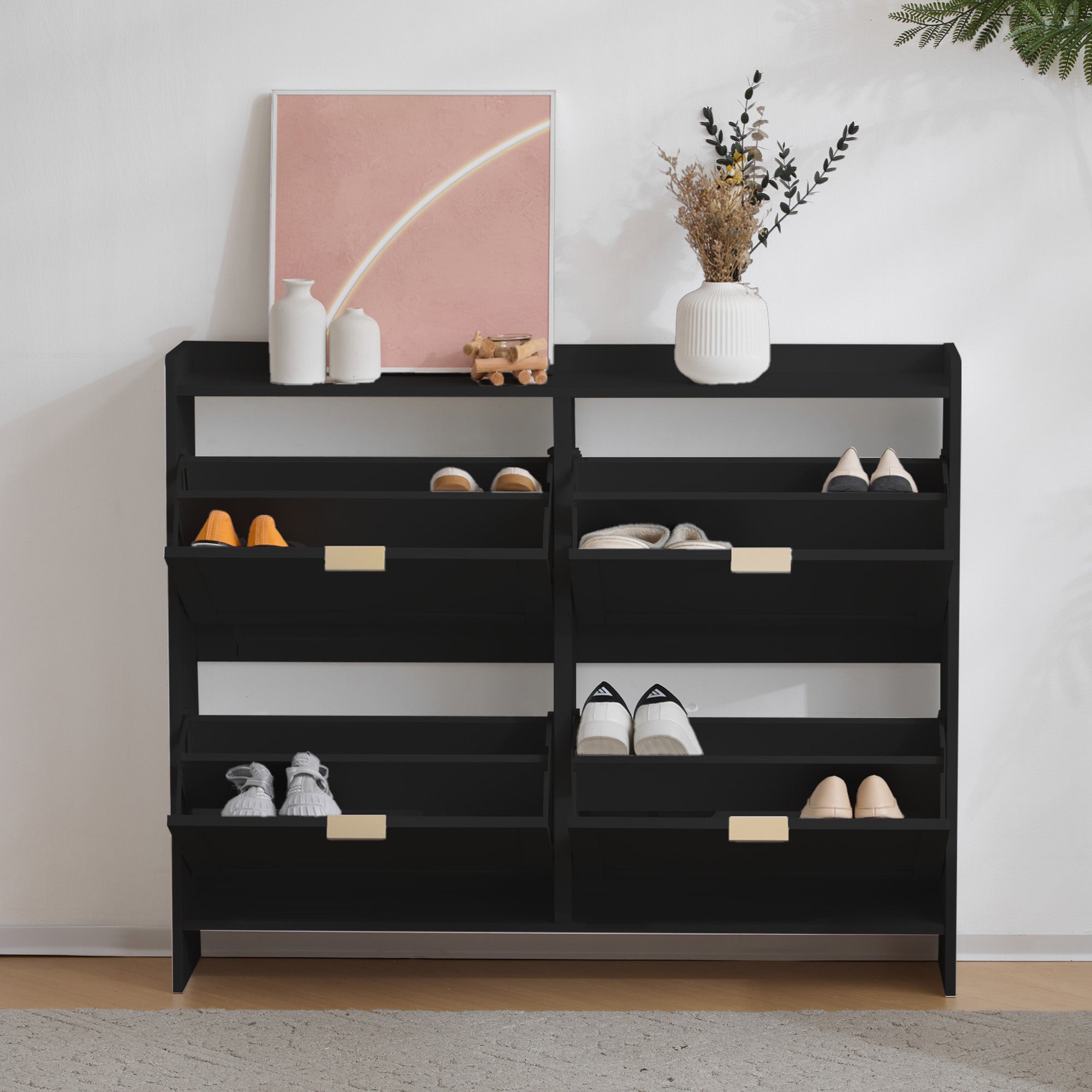 Logidon Moderne Schoenenkast Met 4 Kleppen Zwart 110 x 24 x 90 cm