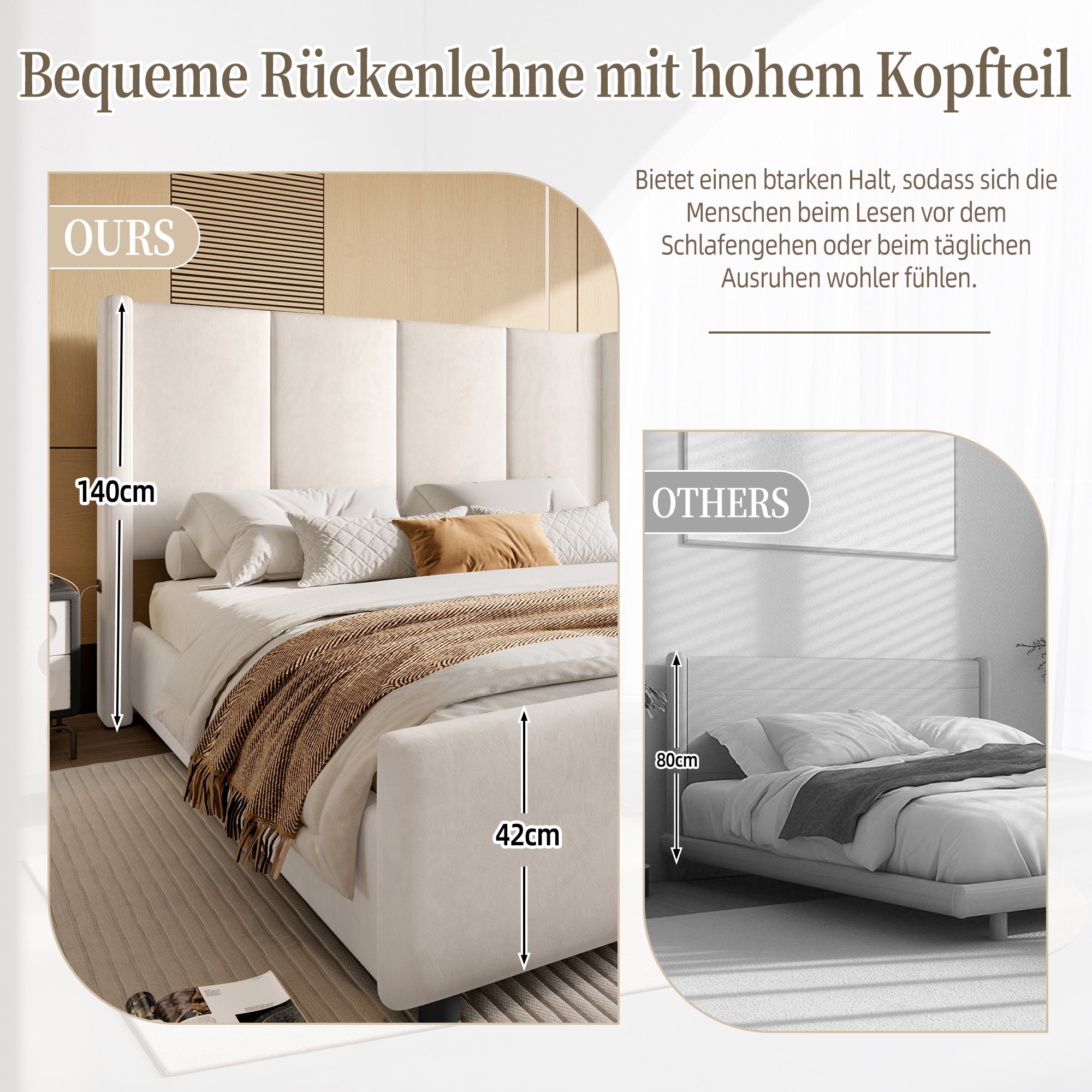 Logidon stoffen bedframe 140x190 beige velours USB-aansluiting