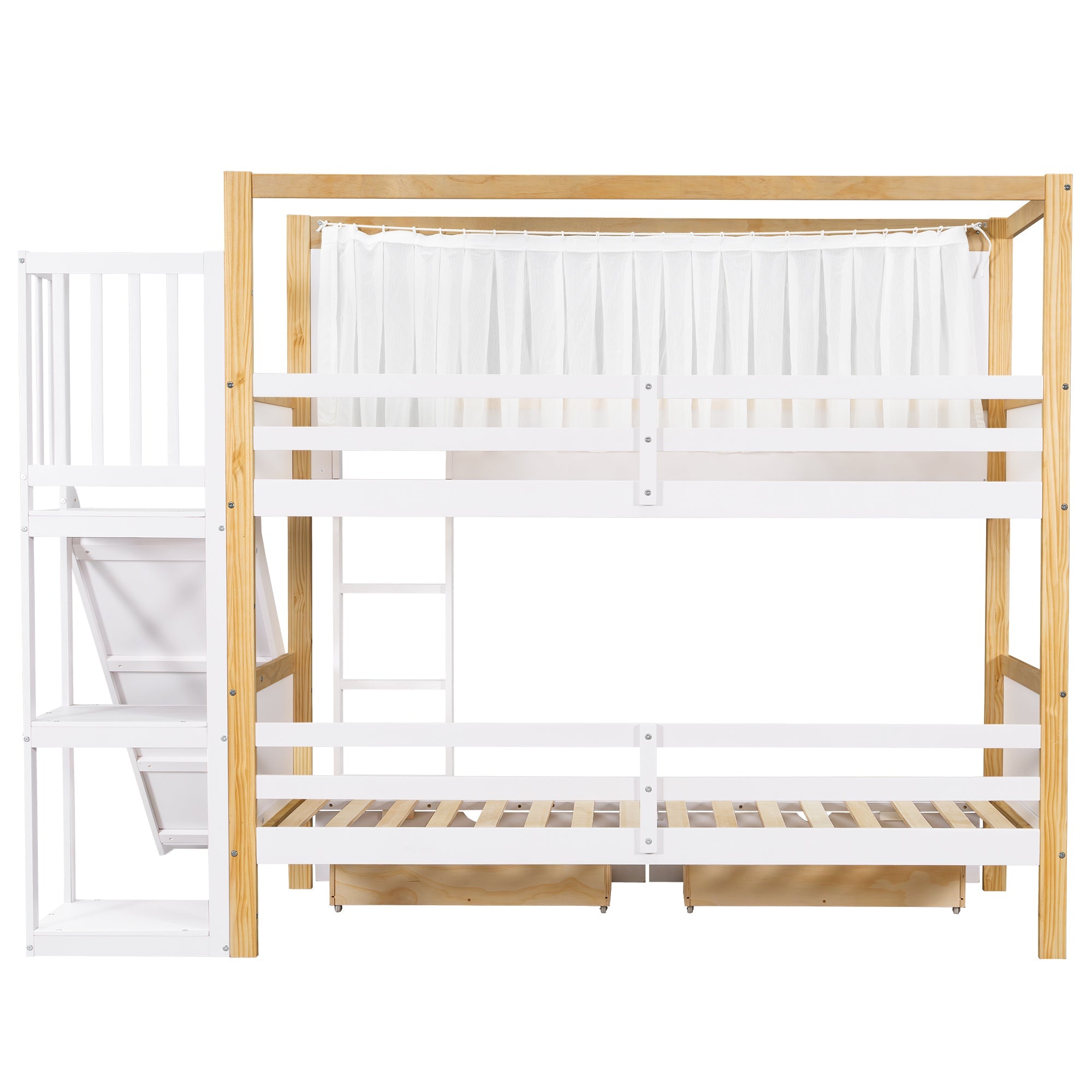 Logidon stapelbed 90x200 wit naturel met glijbaan en lades