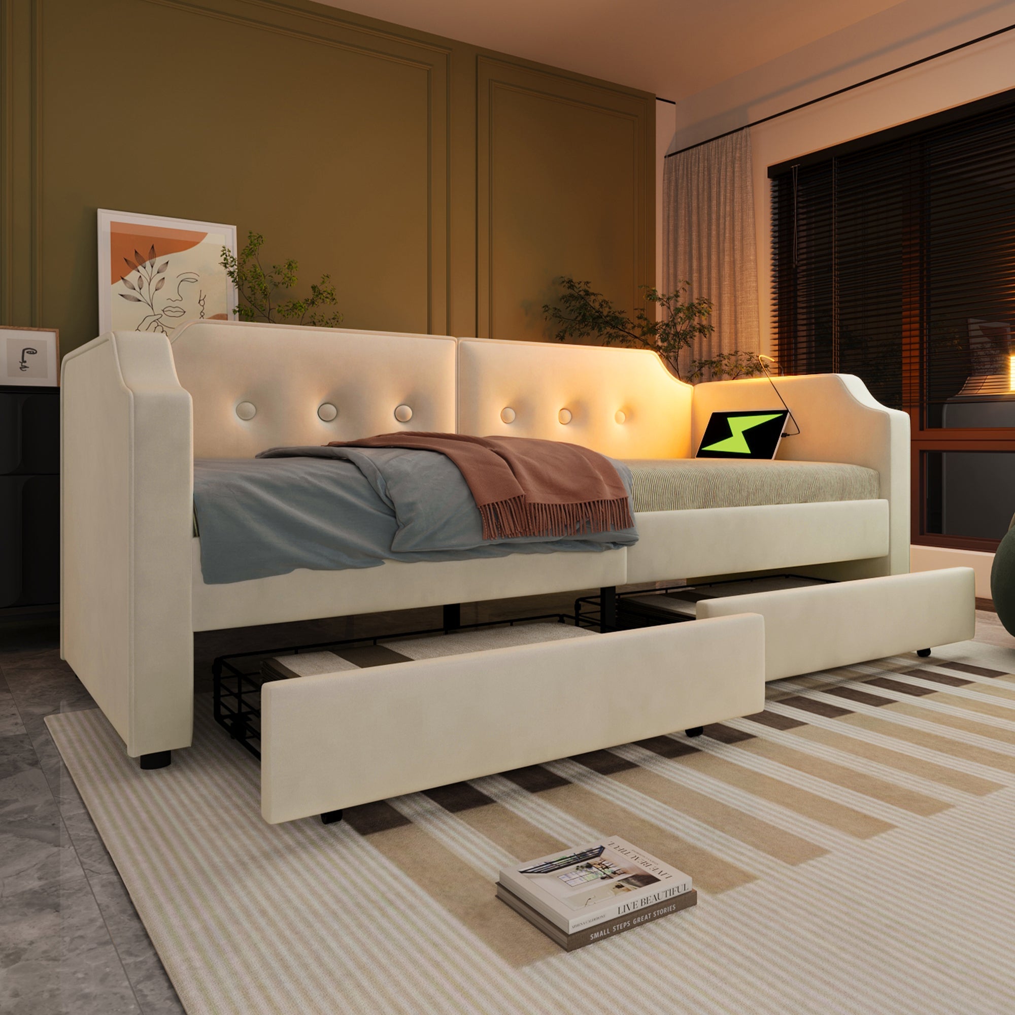 Logidon gestoffeerd bed 90x200 cm beige fluweel met USB-C oplaadpunt leeslampje