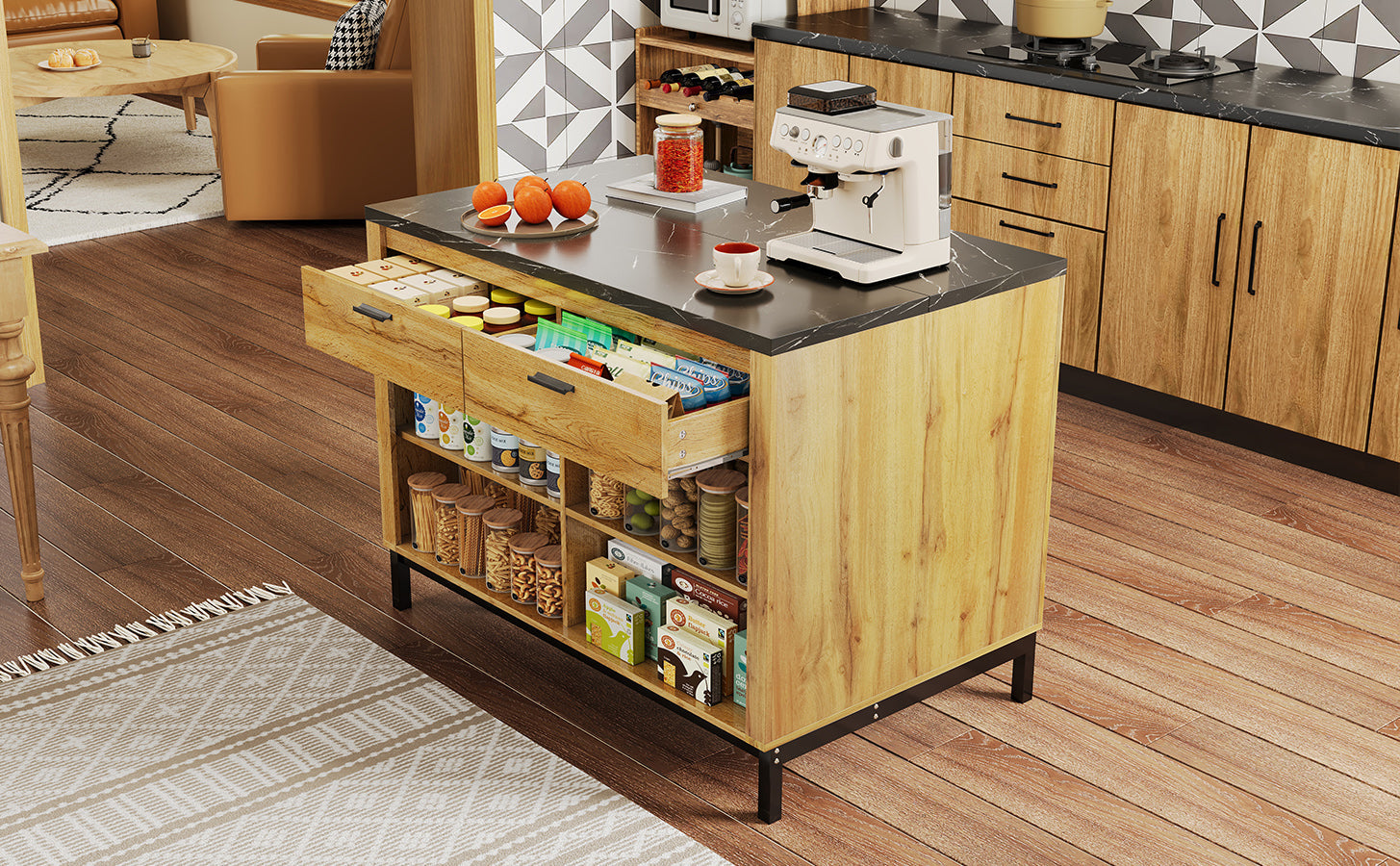 Logidon kitchen island country house style 120x75x90 cm with 2 drawers and 4 shelves