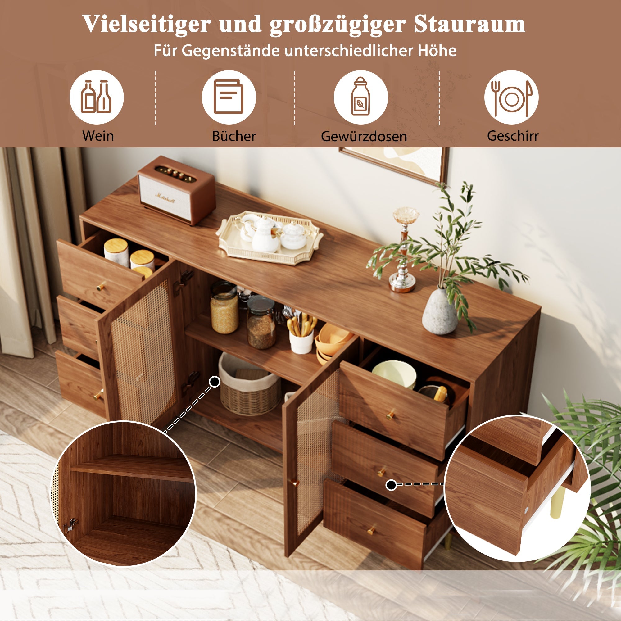 Logidon Rotan Dressoir Bruin 160x40x90 cm met Lade