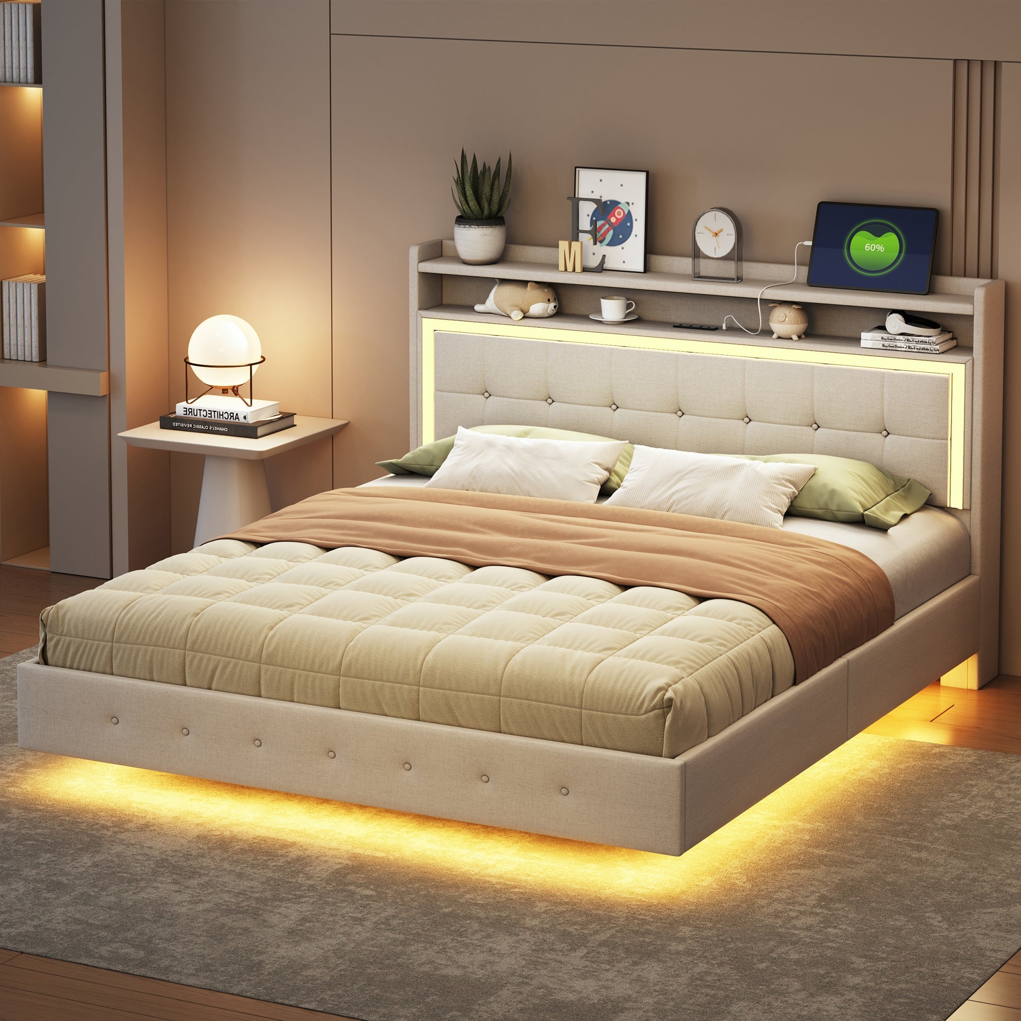 Logidon gestoffeerd bed 160x200 beige met USB-aansluiting en LED-verlichting