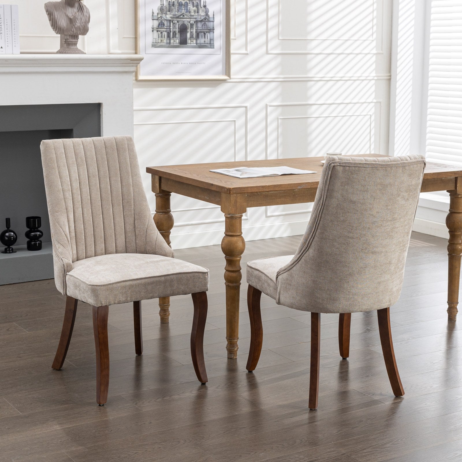 Logidon beige chenille eetkamerstoelen set van 2 massief houten poten