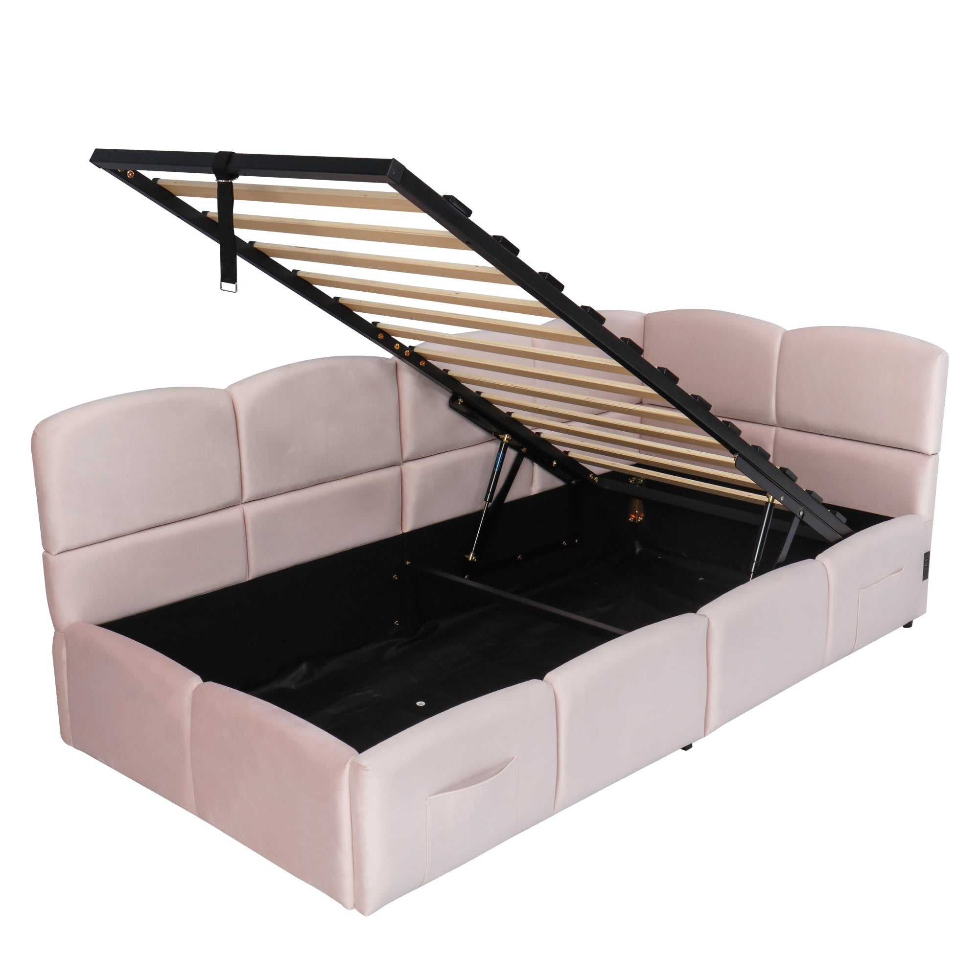 Logidon fluweel gestoffeerd bed roze 90x200 met lattenbodem en opbergruimte