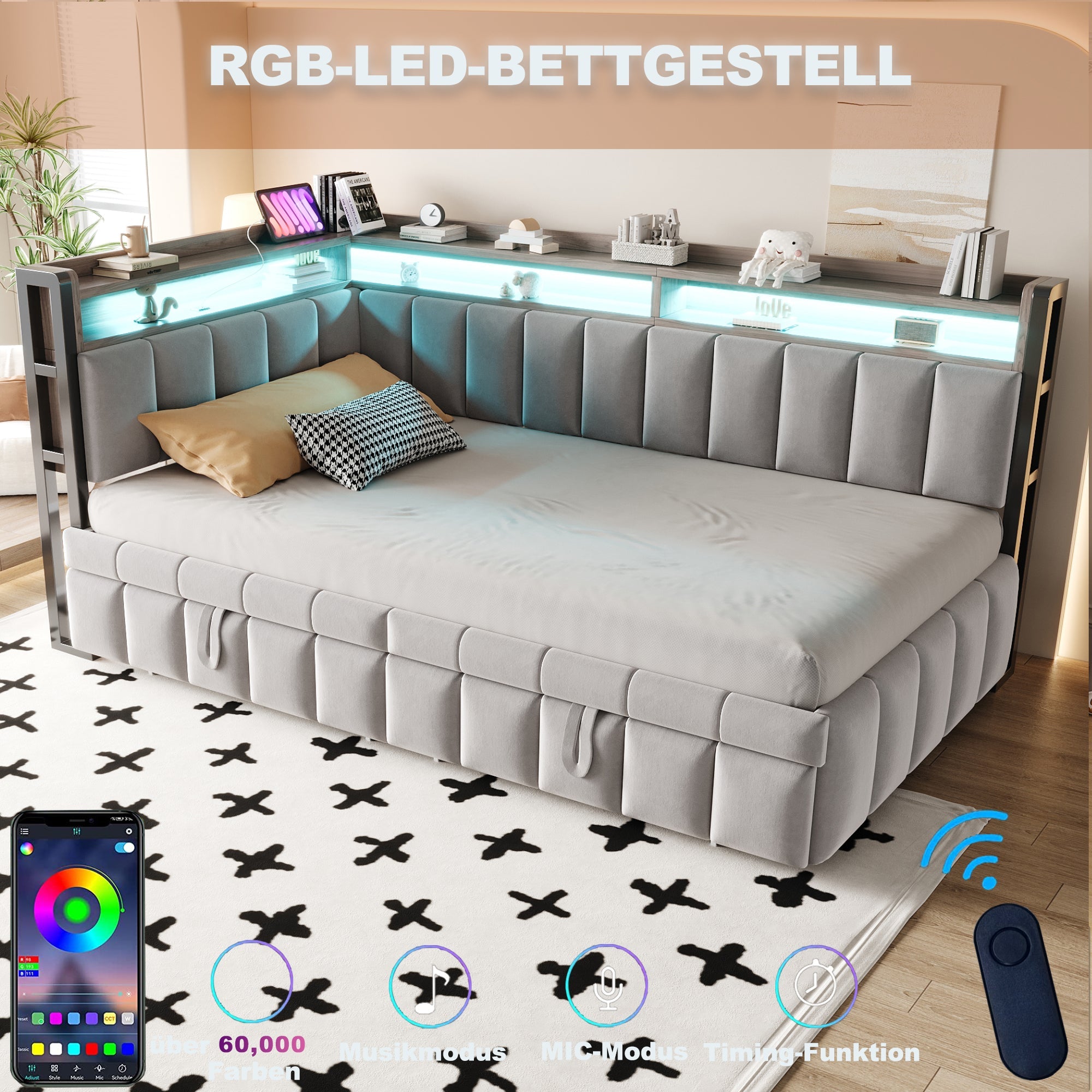 Logidon slaapbank gestoffeerd bed 90x200cm lichtgrijs uitschuifbaar LED USB