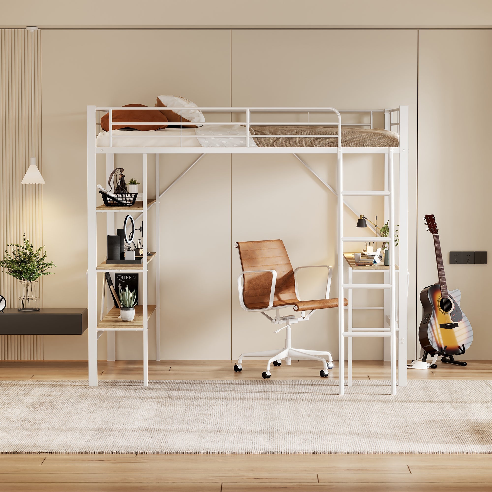 Logidon 90x200 cm metalen hoogslaper met bureauplanken wit