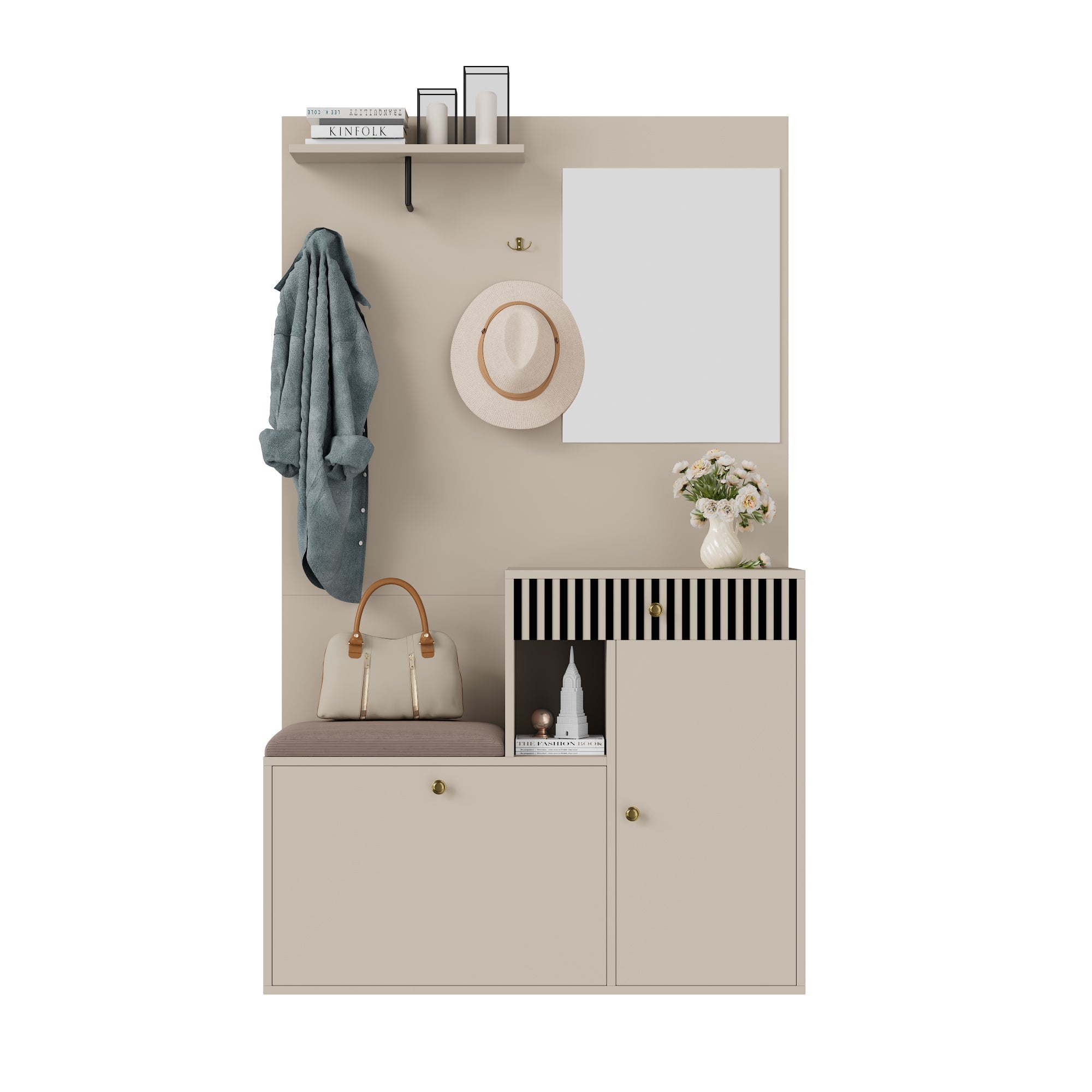 Logidon kledingkastset beige met spiegel en zitkussen 110x185x37 cm