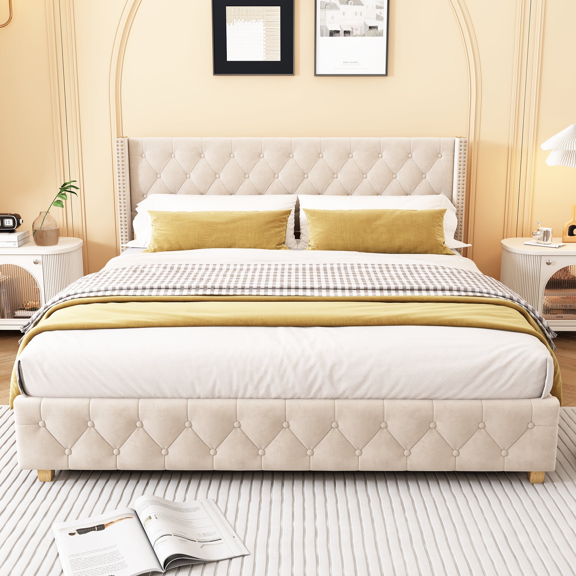 Logidon upholstered bed 180x200 light beige velvet button upholstery slatted frame