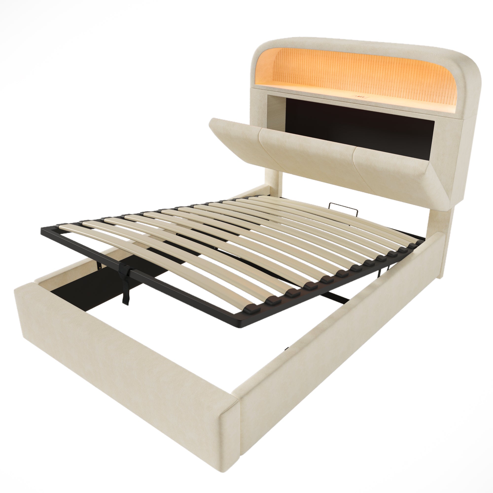 Logidon gestoffeerd bed 90x200 cm beige fluweel met opbergruimte hoofdbord, LED