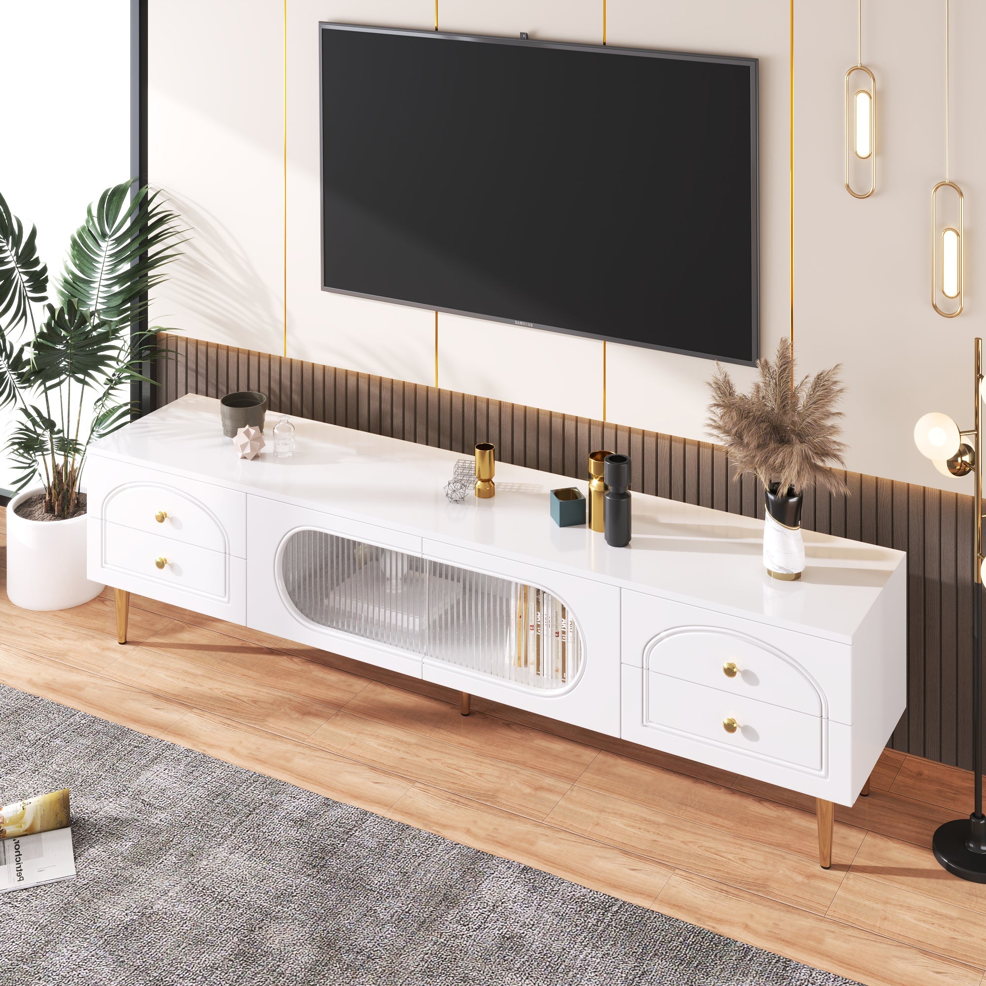 Logidon TV cabinet white with gold handles and feet 175 cm
