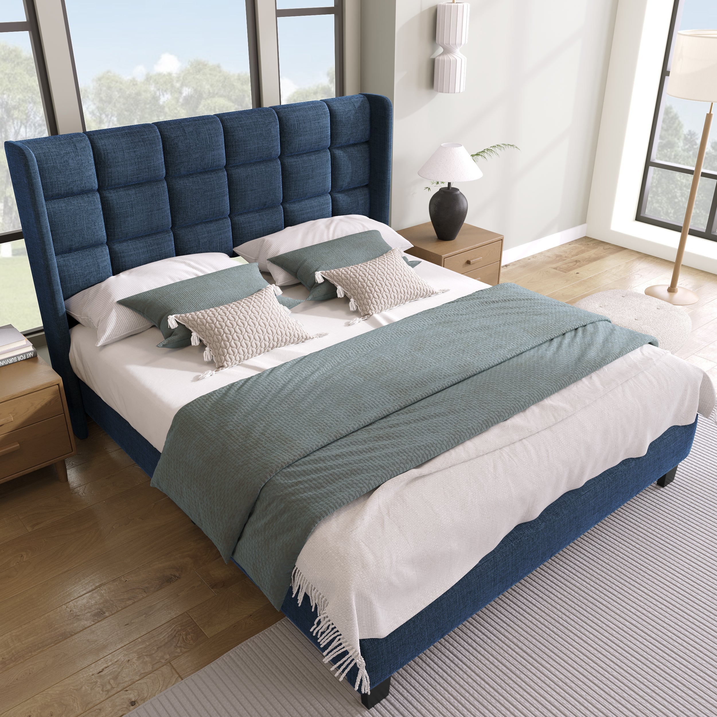 Logidon gestoffeerd bed 140x200 cm blauw linnen gecapitonneerd hoofdeinde