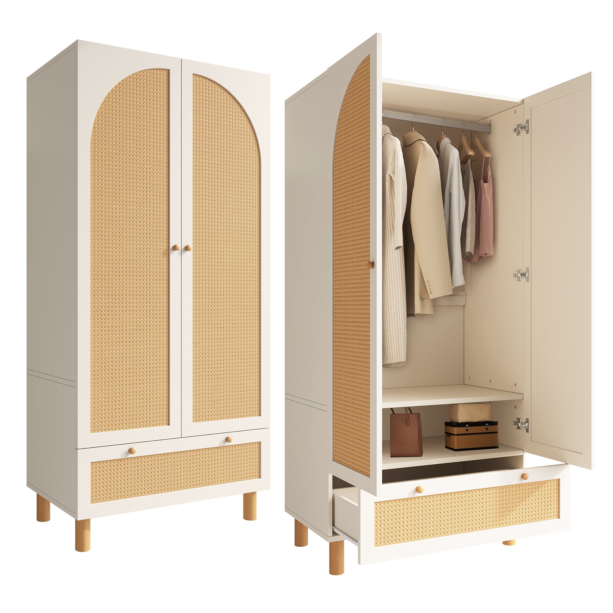 Logidon kledingkast wit met rotan deuren 180x85x52 cm landelijke stijl