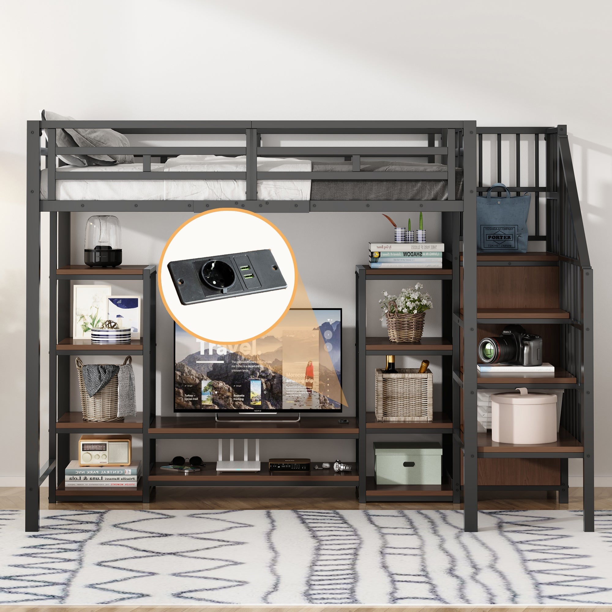 Logidon hoogslaper 90x200 met tv-meubel en stopcontact zwart