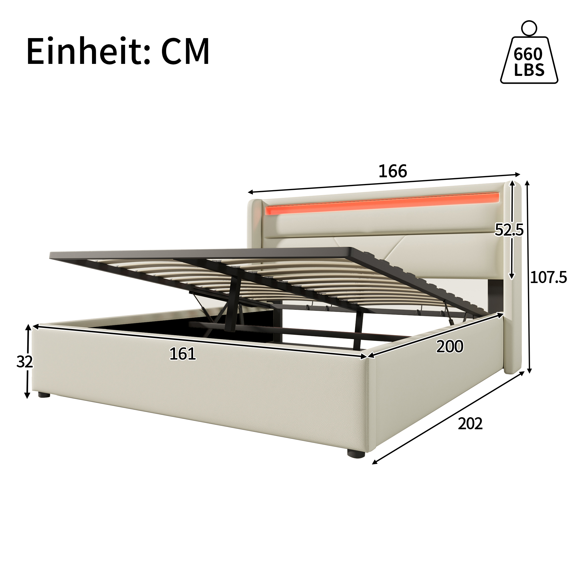 Logidon Hydraulisch Opbergbed 160x200 cm Wit Met LED Verlichting