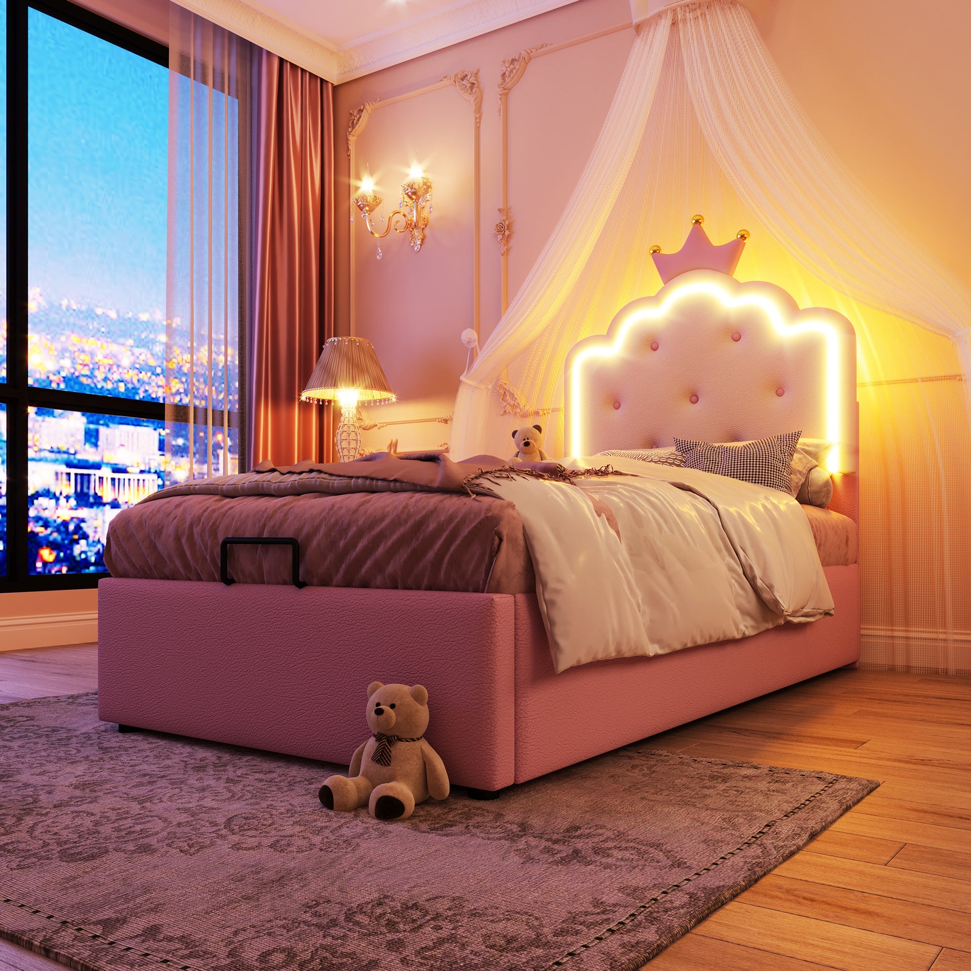 Logidon gestoffeerd bed 90x200 roze met sfeerlicht en opbergruimte
