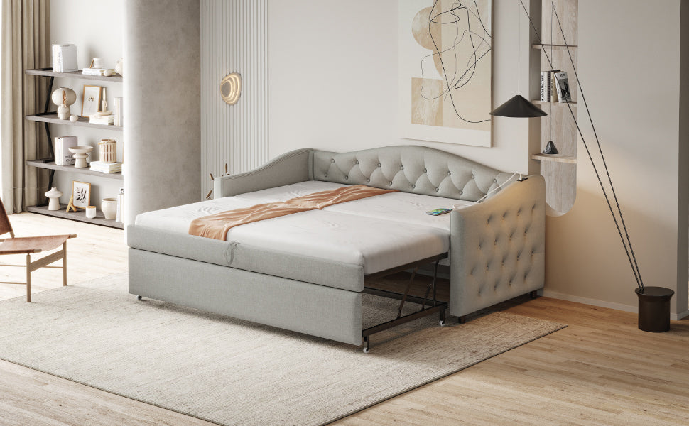Logidon Upholstered Bed Extendable Sofa Bed 90x200 Gray Linen Fabric USB