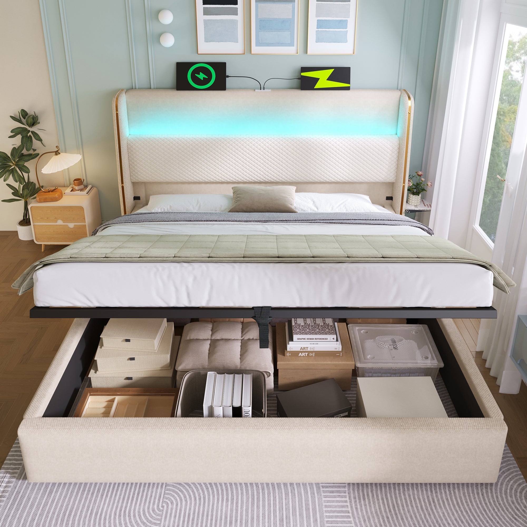 Logidon hydraulisch bed 140x200 beige linnenlook met LED