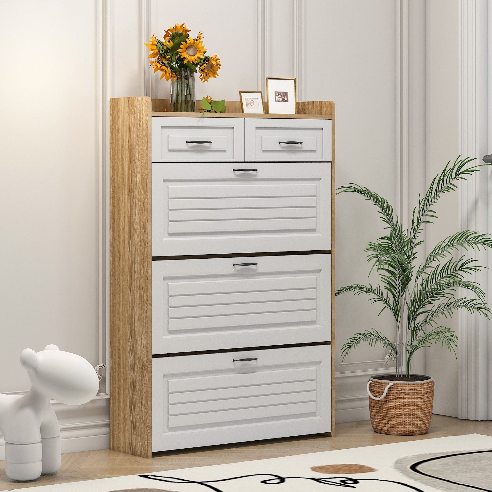 Logidon shoe chest white rotating shoe cabinet 3 flaps 2 drawers