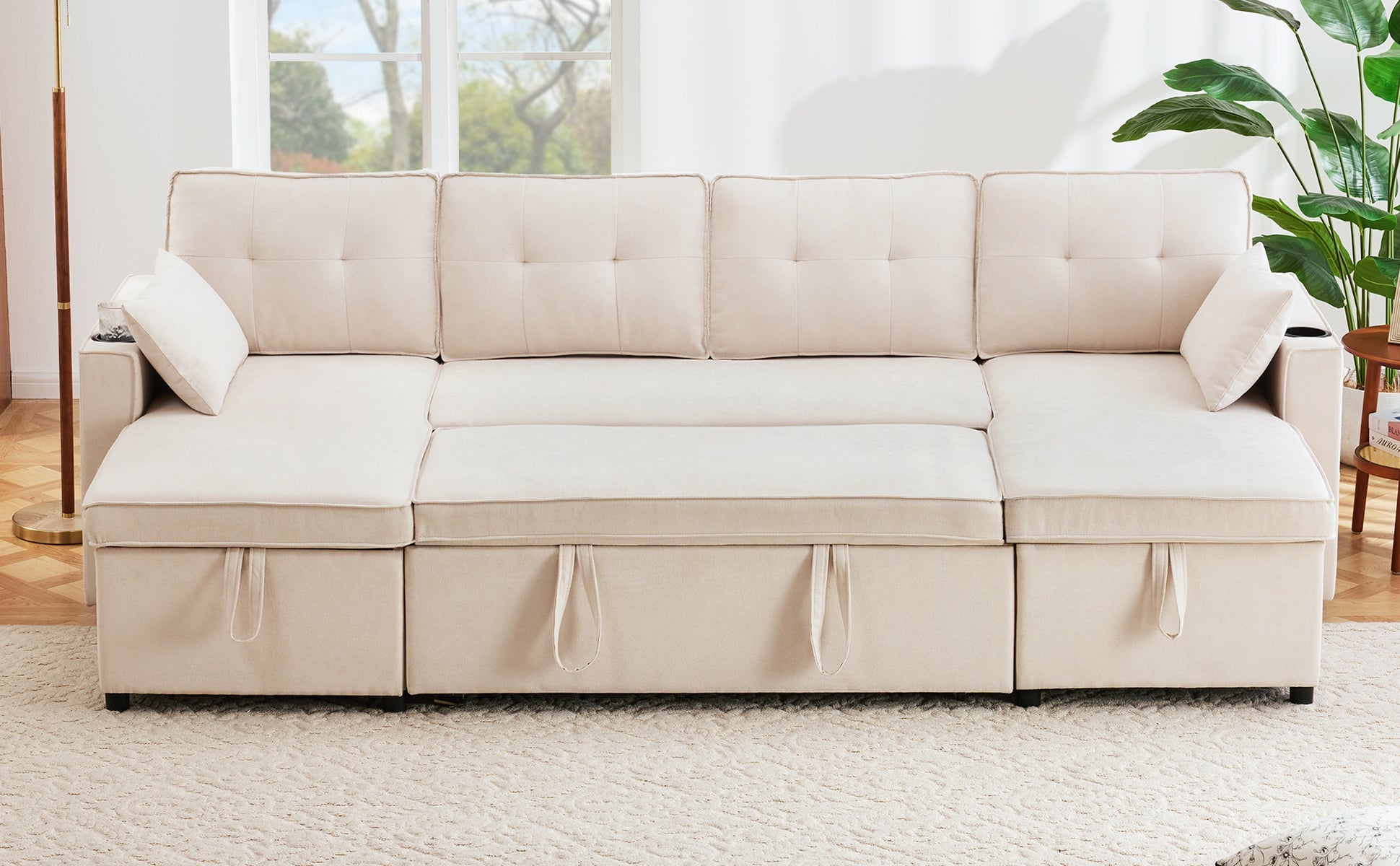 Logidon U-vormige slaapbank, beige stof, grote 4-zits bekerhouder
