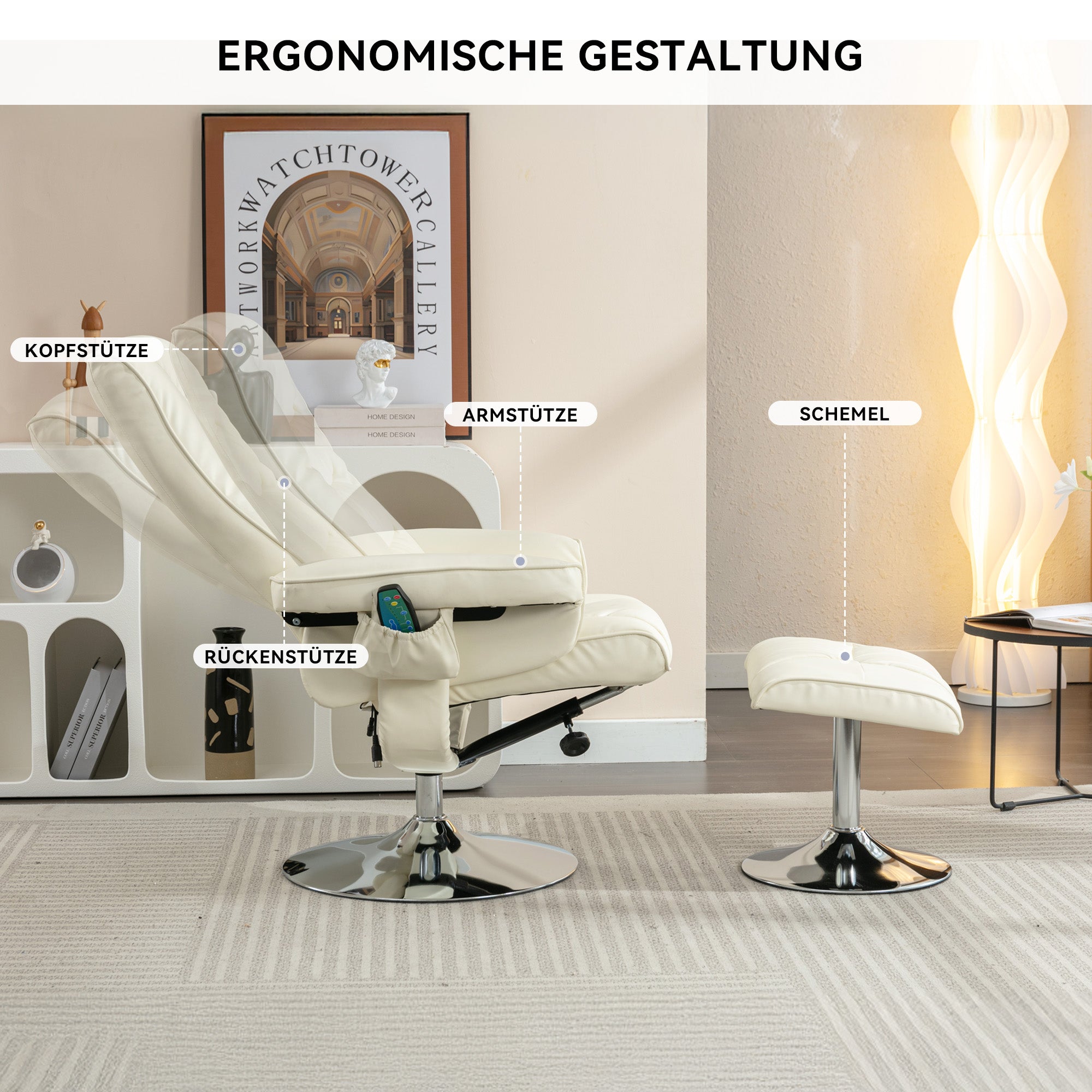 Logidon massagestoel met PU bekleding en voetenbank beige 5-punts massage