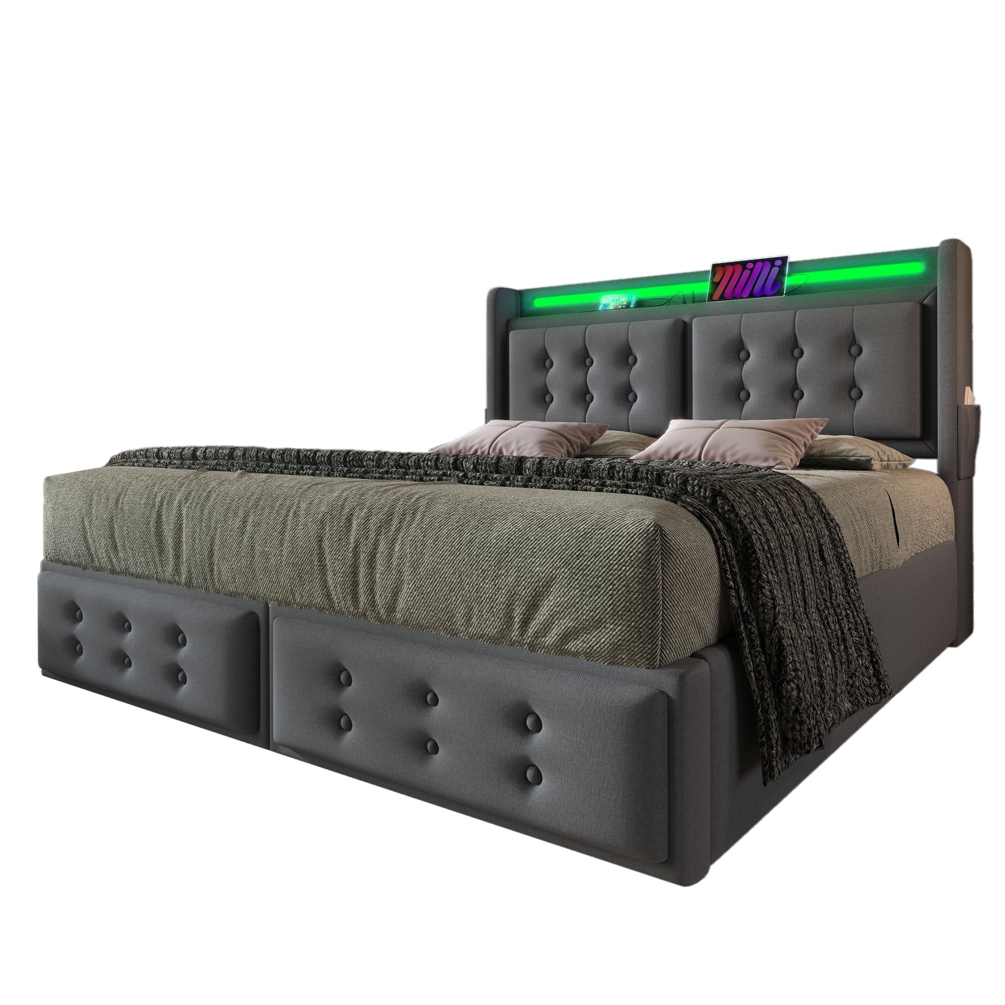 Logidon gestoffeerd bed 140x200 LED-hoofdeinde, USB-C, 4 laden, grijs