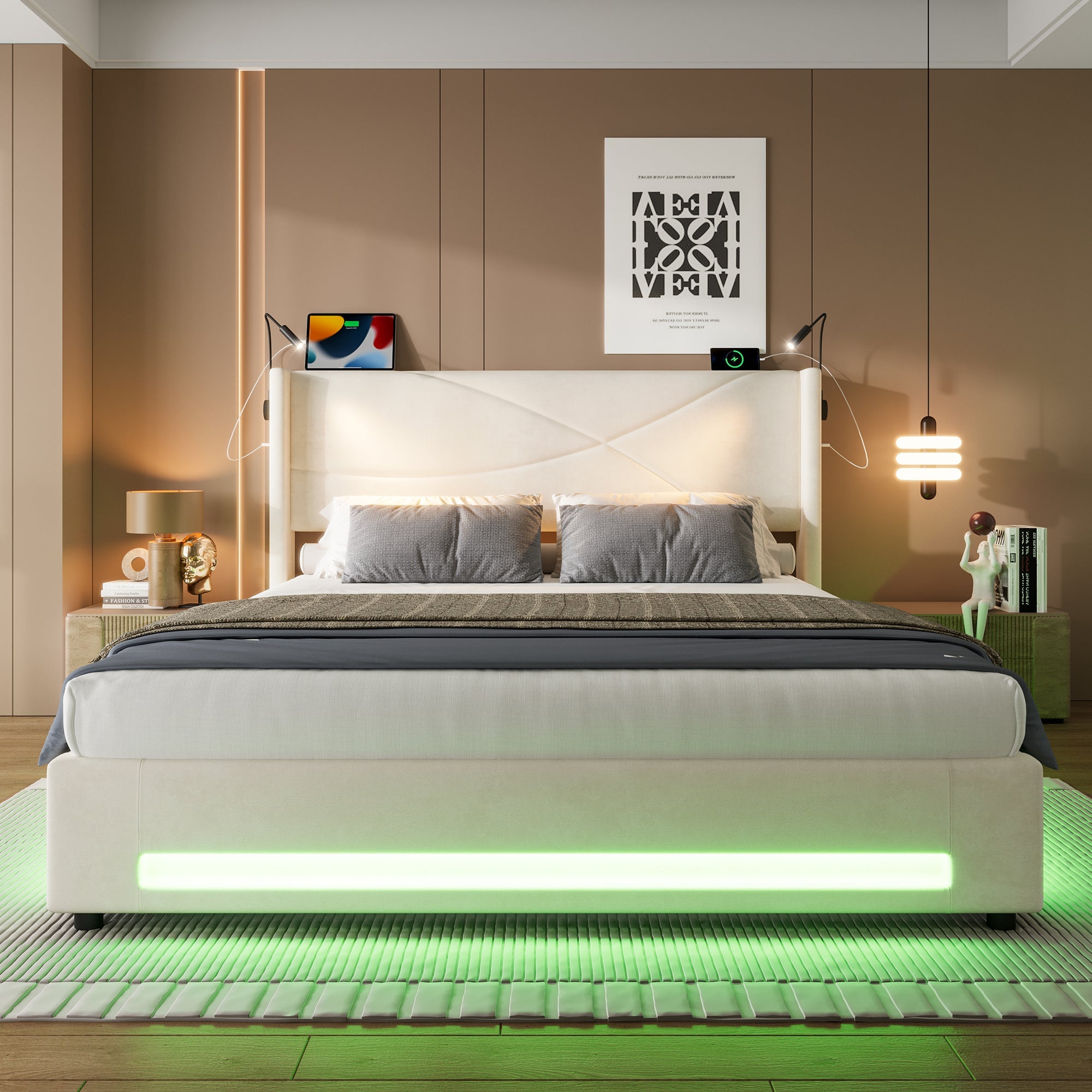 Logidon bedframe 160x200 cm beige fluweel met opbergruimte LED