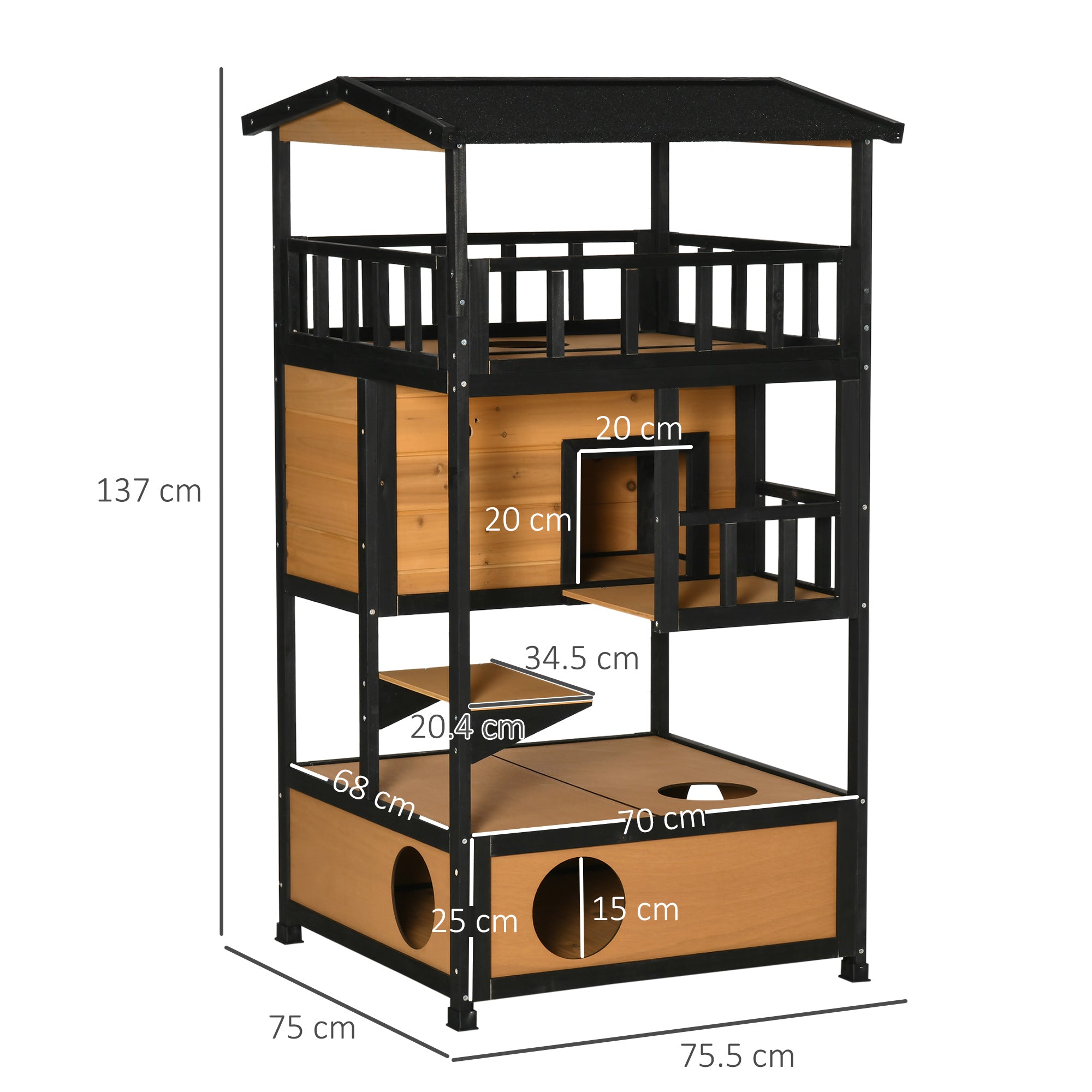 Logidon kattenhuis van dennenhout geel 75,5x75x137 cm 4 niveaus, trappen
