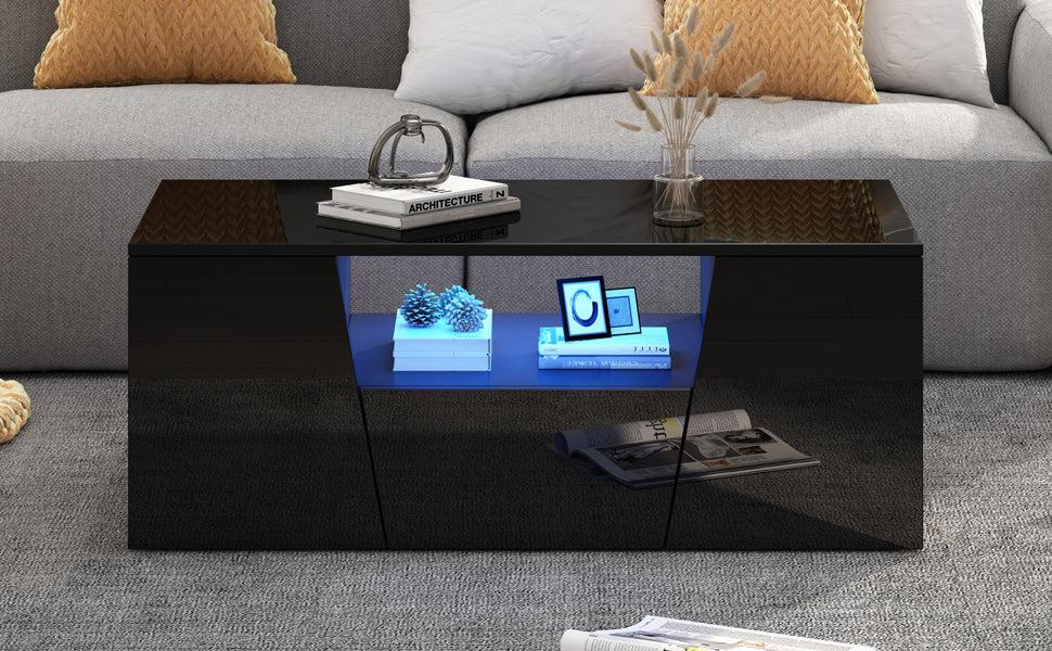 Logidon coffee table 100x50x40 cm black with LED 2 cabinets 1 drawer