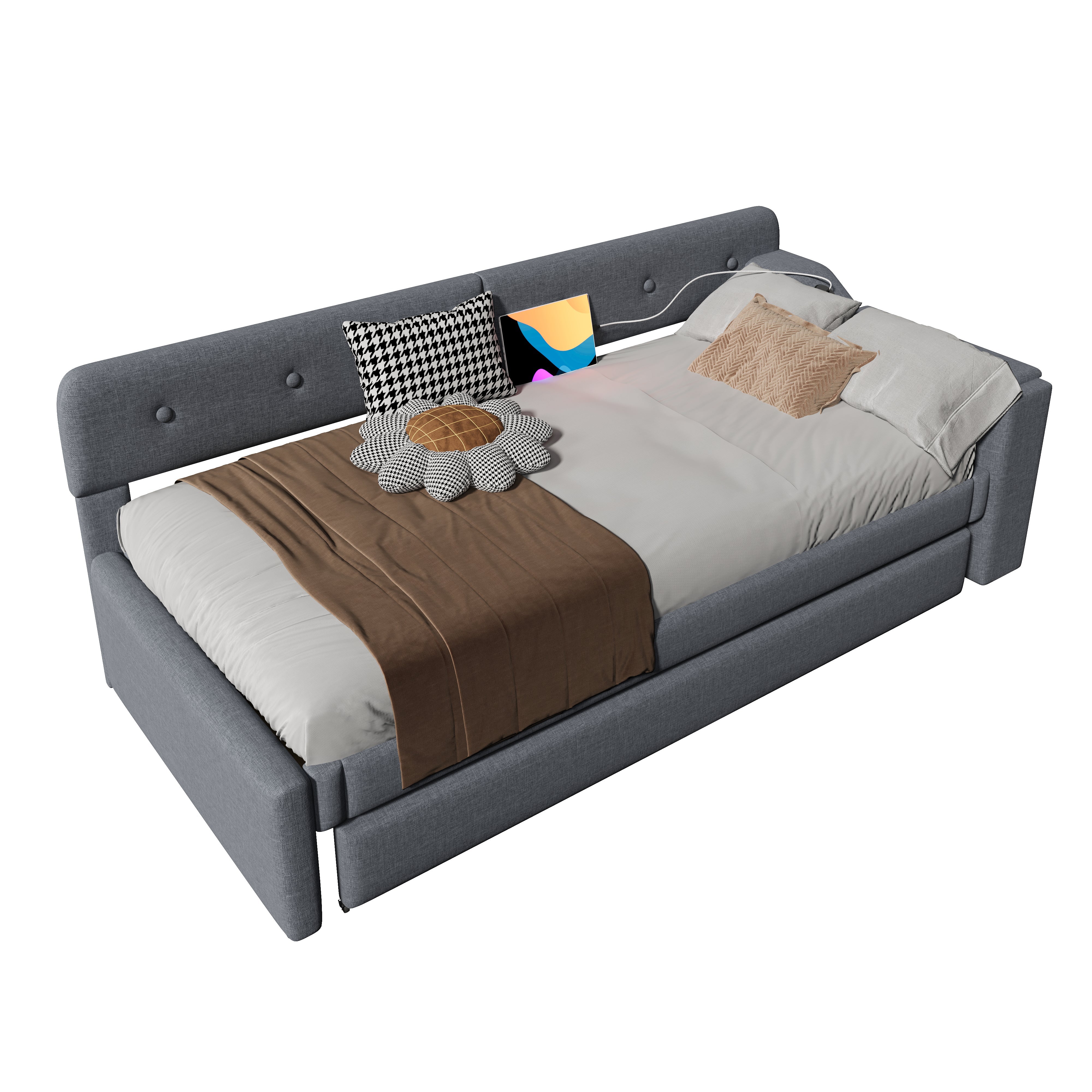Logidon slaapbank 90x200 cm grijs linnen met USB Type C lattenbodem