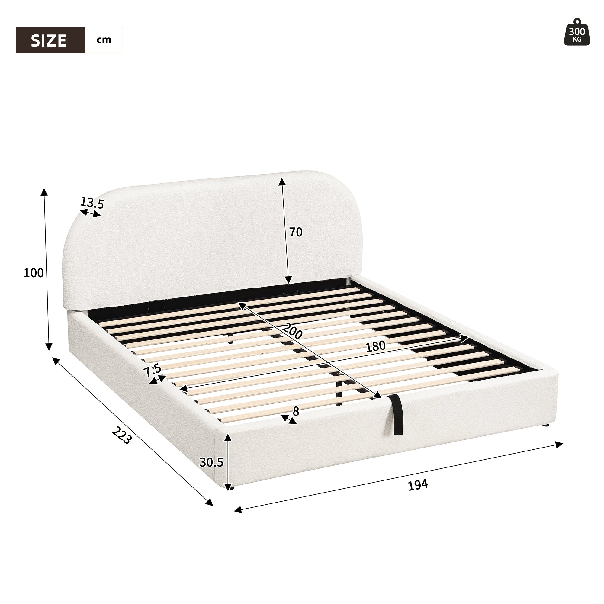Logidon gestoffeerd bed 180x200 beige bouclé met opbergruimte hydraulische lift