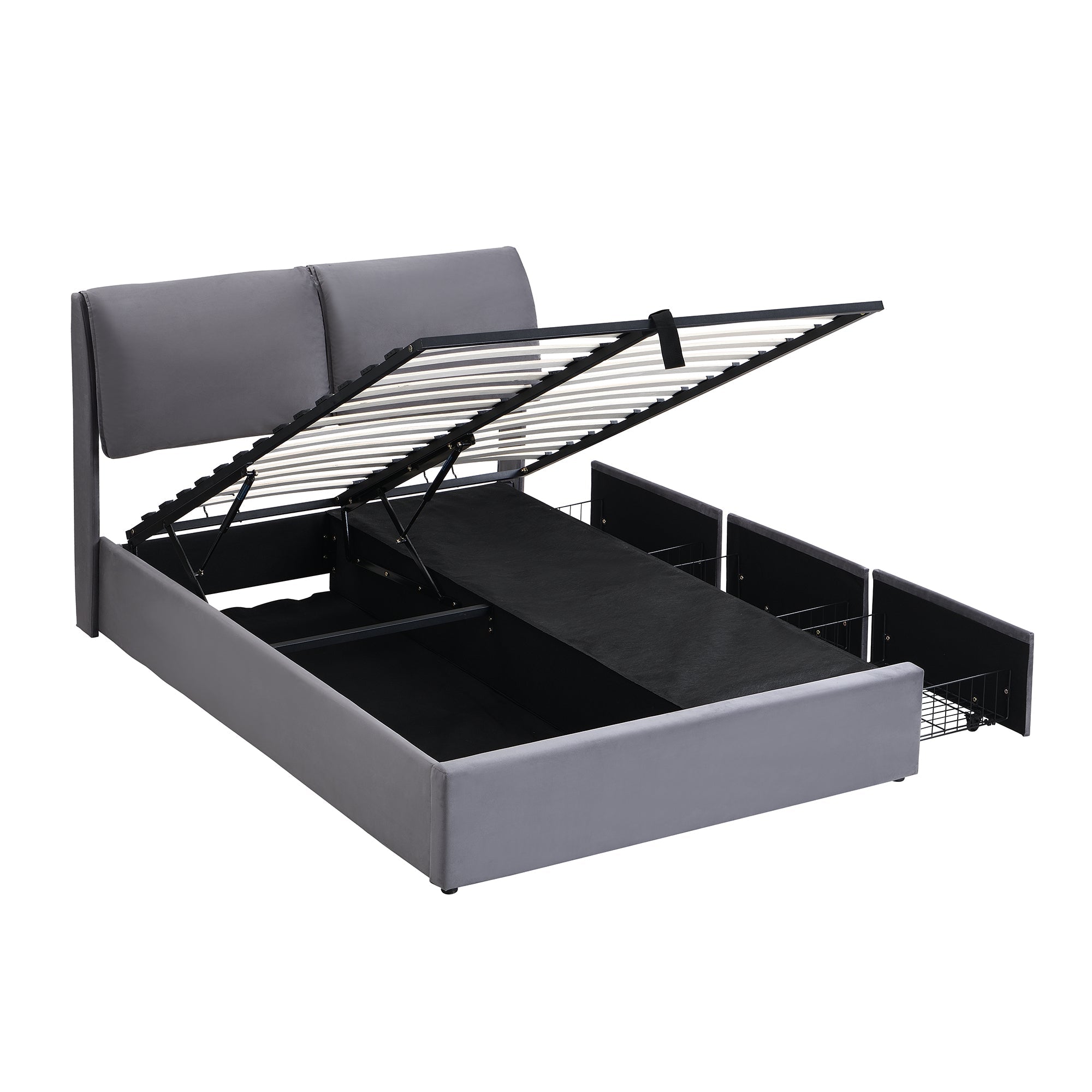 Logidon gestoffeerd bed 140x200 grijs fluweel hydraulisch met drie lades hoofdeinde