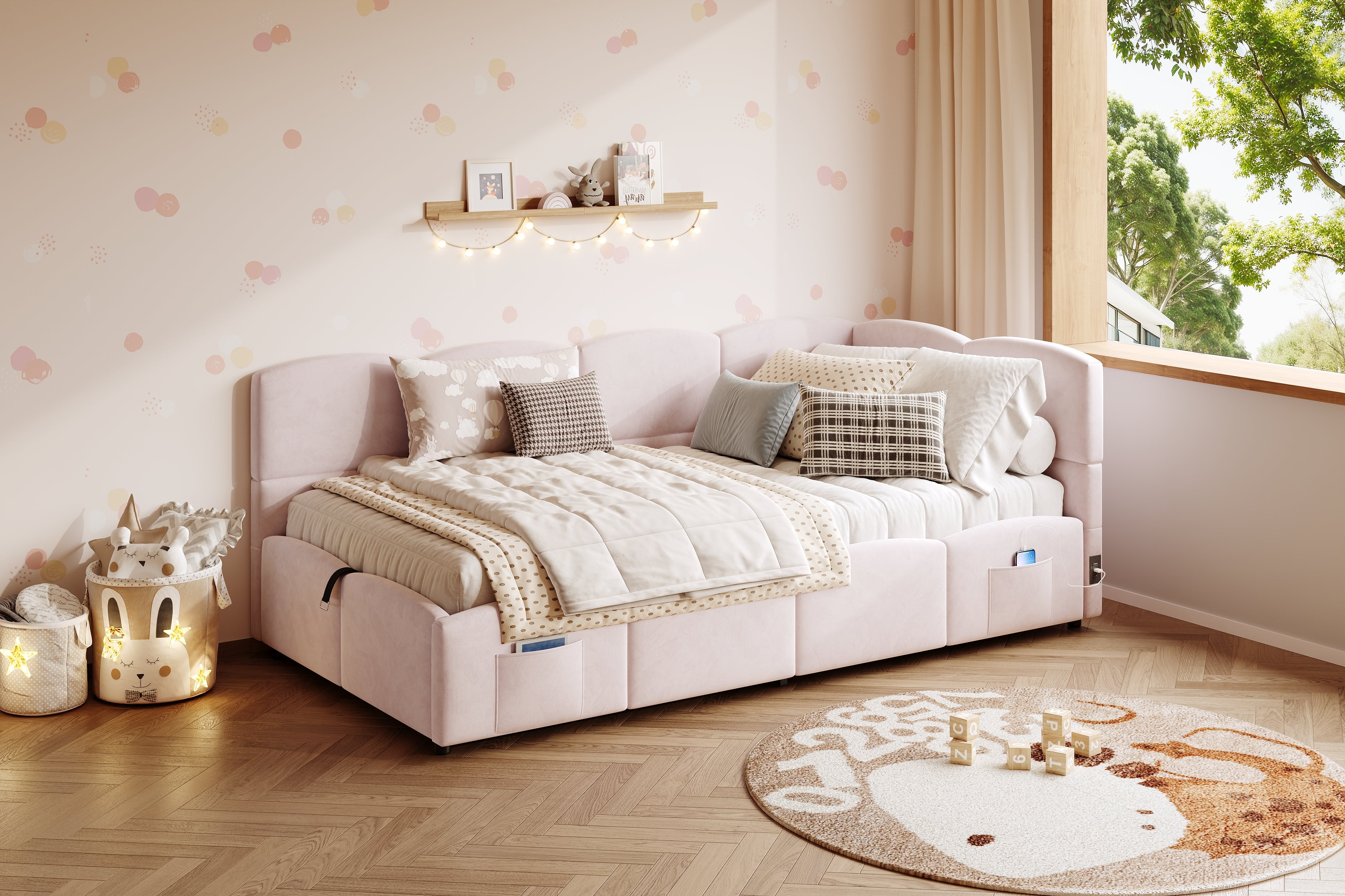 Logidon fluweel gestoffeerd bed roze 90x200 met lattenbodem en opbergruimte