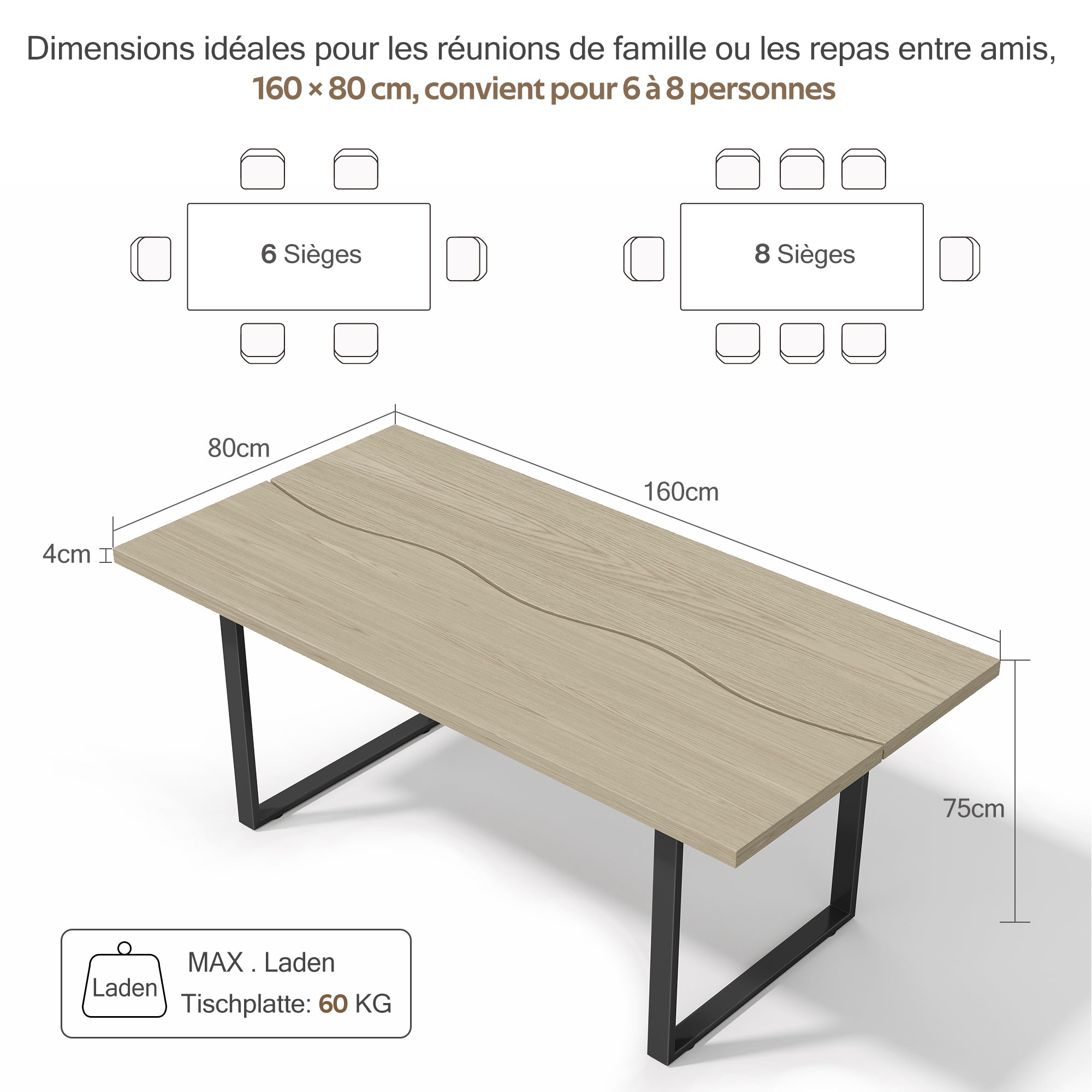 Logidon eettafel 160x80 cm industriële houtlook, metalen frame