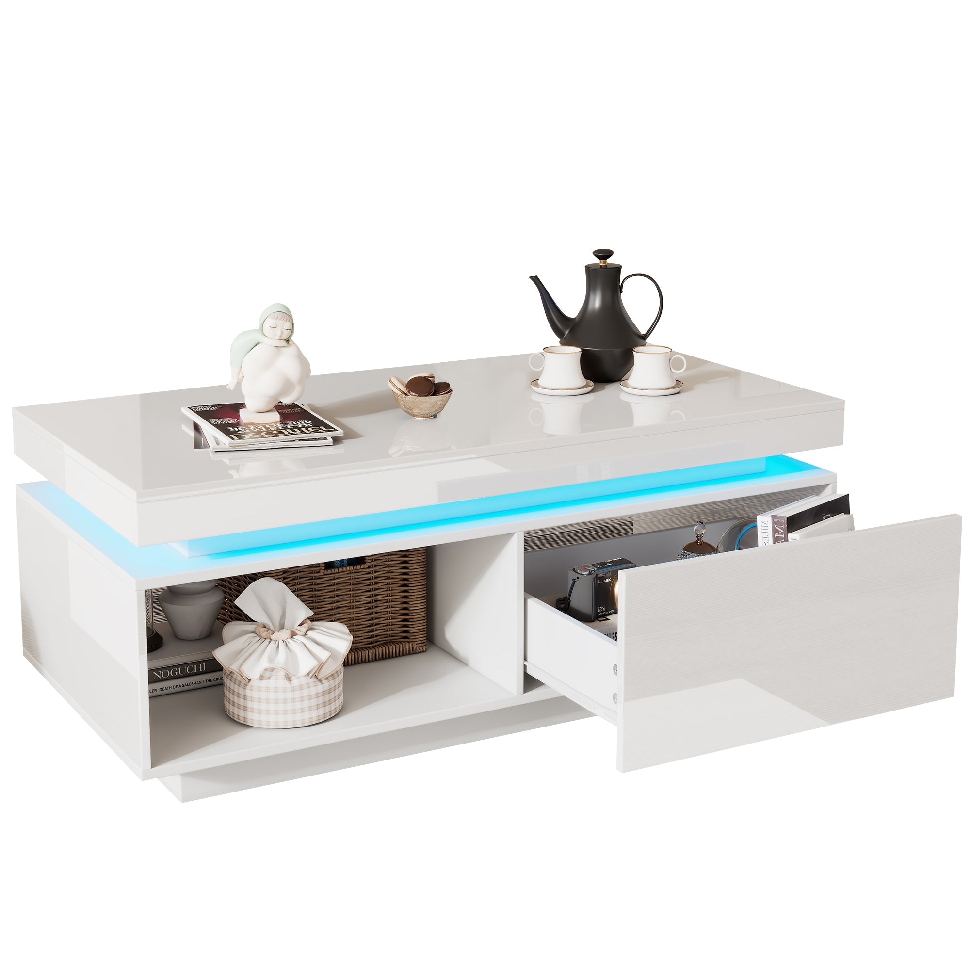 Logidon hoogglans witte salontafel met LED verlichting 100x50x40,3 cm